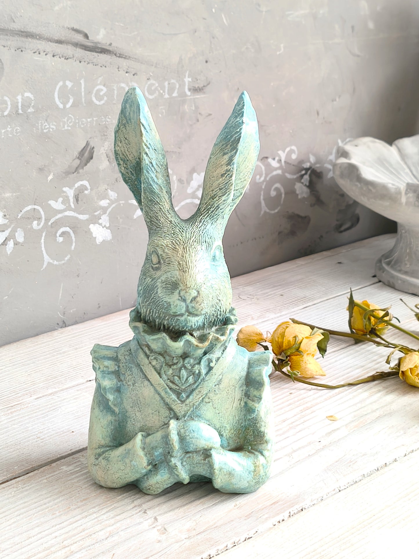 Turquoise Blue Rabbit Hare Bust Statue, Figurine, Ornament, Shabby Chic Decor