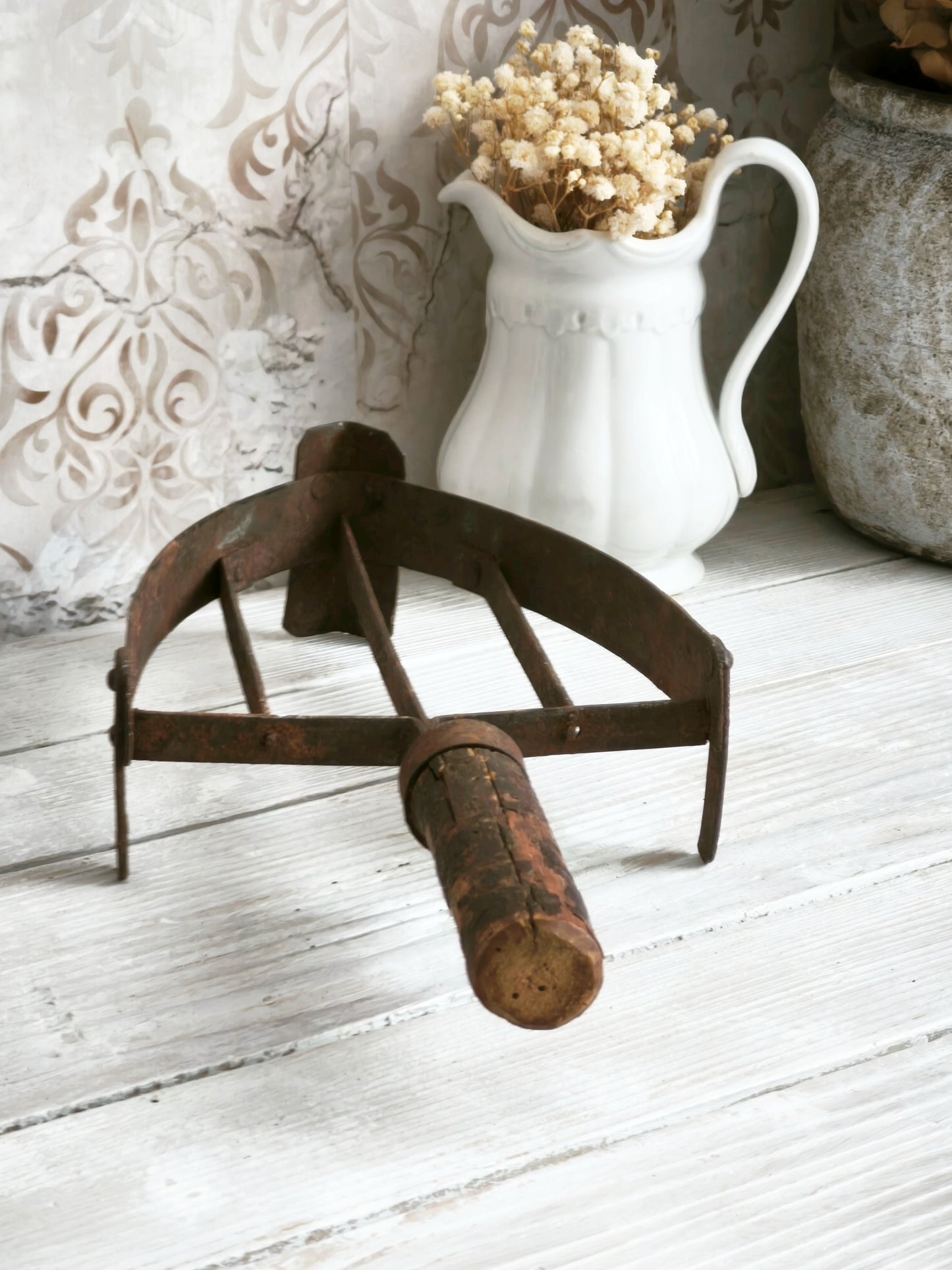 Antique Hand Forged Iron Trivet Wooden Handle