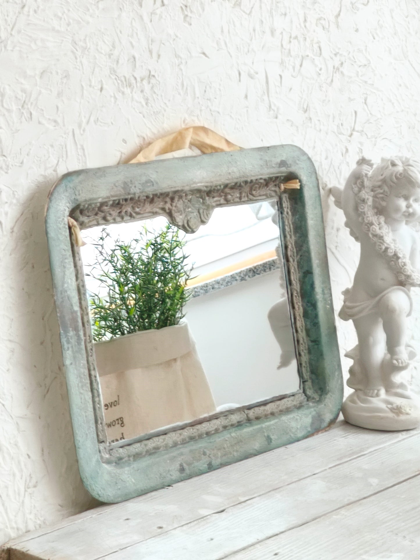 Romantic Blue Metal Wall Mirror With Floral Details And Hanging Ribbon, Distressed Shabby Chic Home Decor