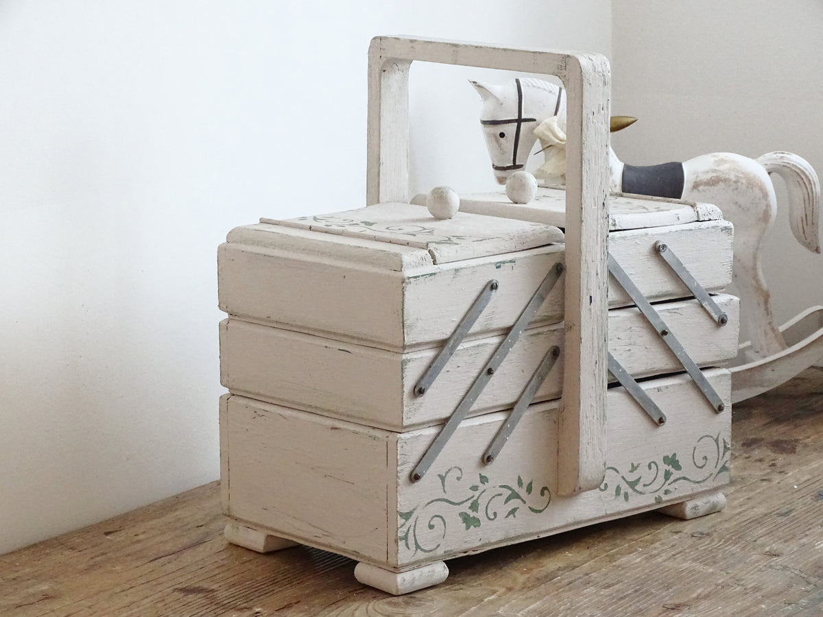 Antique Large Accordion Sewing Box: Shabby Chic Off White Wood Expandable Storage