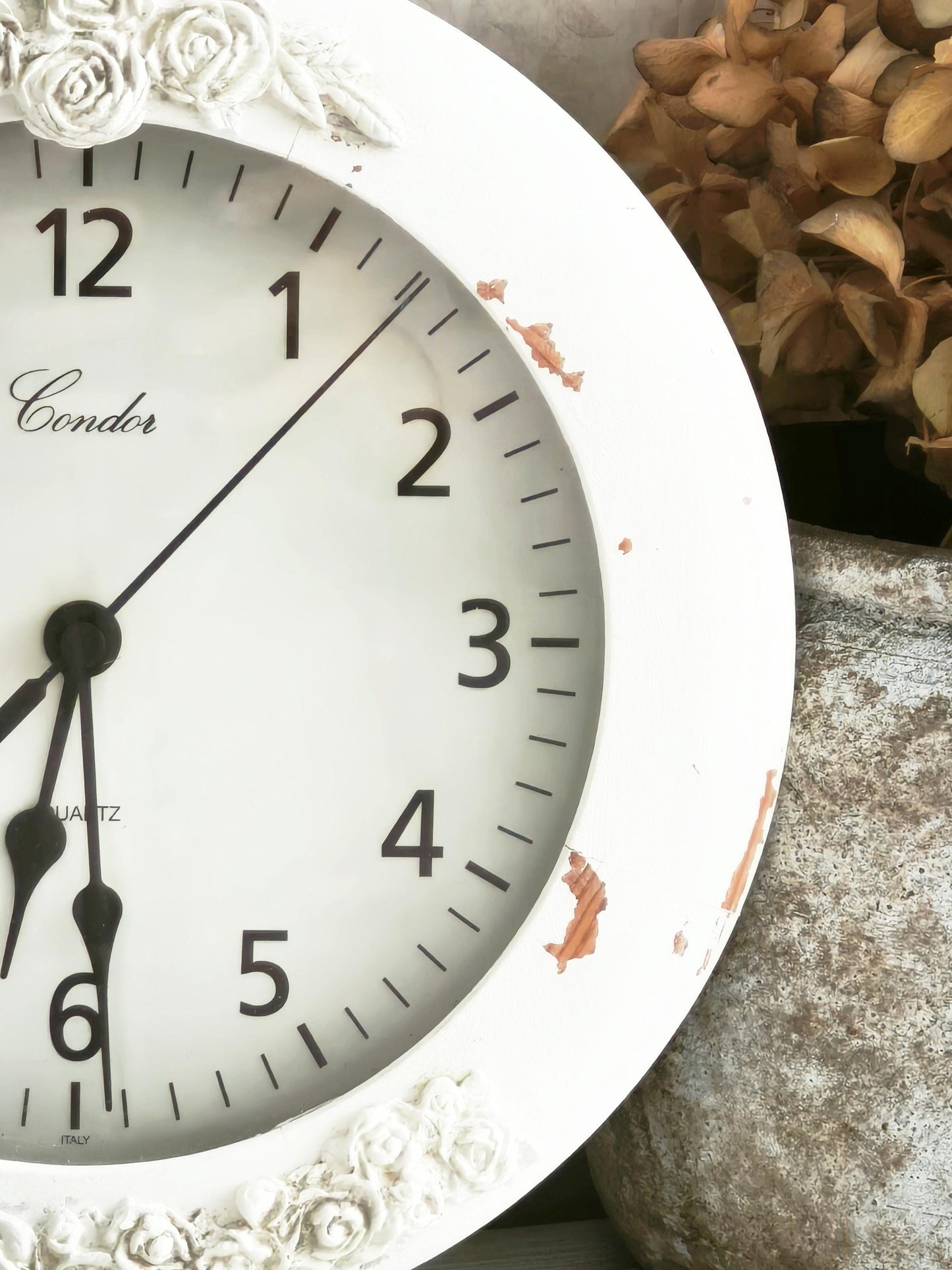 White Wood Wall Clock with Clay Flowers, Shabby Chic Ornate Floral Home Decor