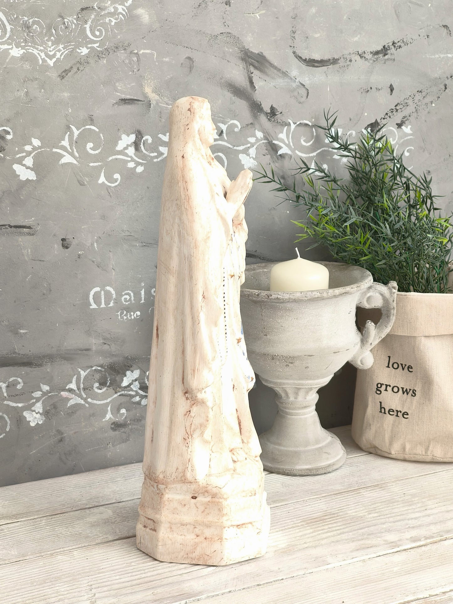 Vintage French Chalkware Madonna Statue, Plaster Virgin Mary Sculpture