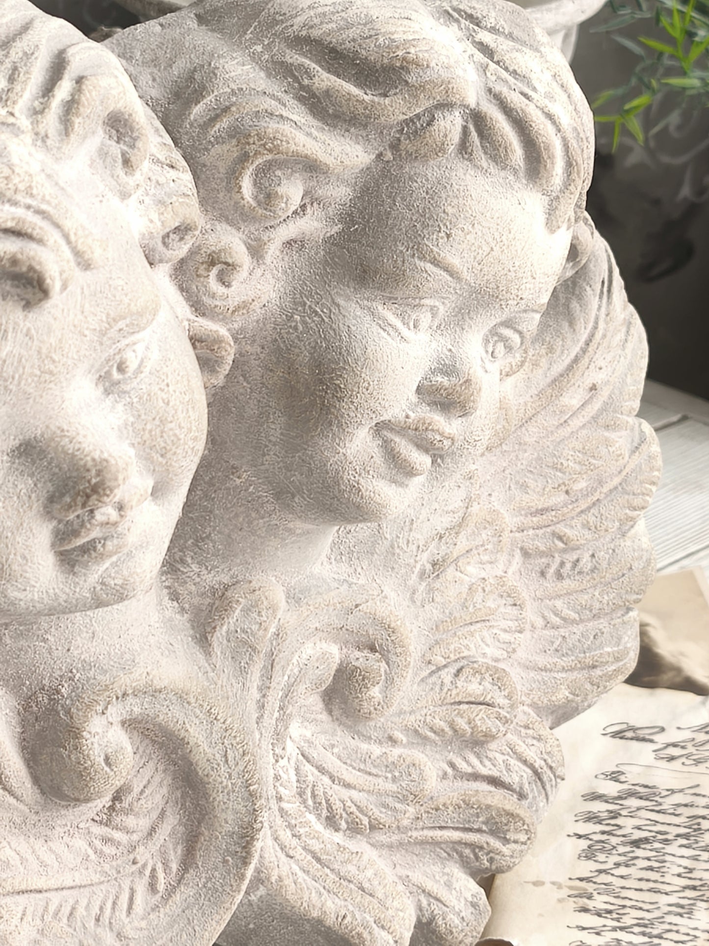 Large Plaster Cherubs Head Wall Sculpture, Bas Relief Chalkware Putti Angels, Shabby Chic Decor