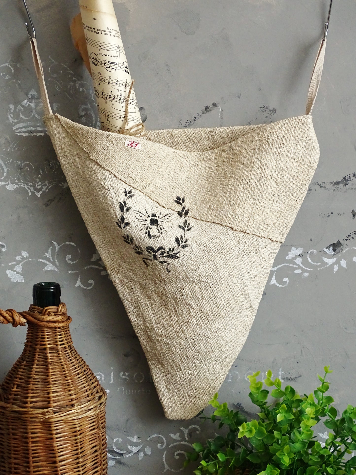 Cone Linen Wall Pocket, Antique Grain Sack Rustic Storage Bag