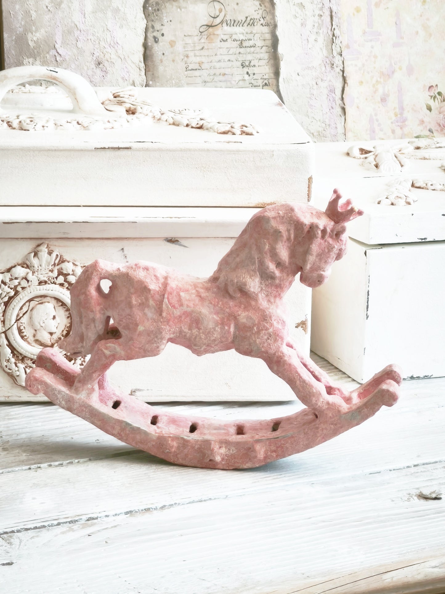 Pink Crowned Rocking Horse Figurine, Distressed Resin Sculpture, Shabby Chic Decor