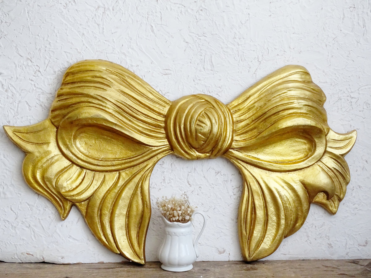 33.9" Hand Carved Gold Wooden Bow, Florentine Plaque, Extra Large Wall Decor Pediment, Panel