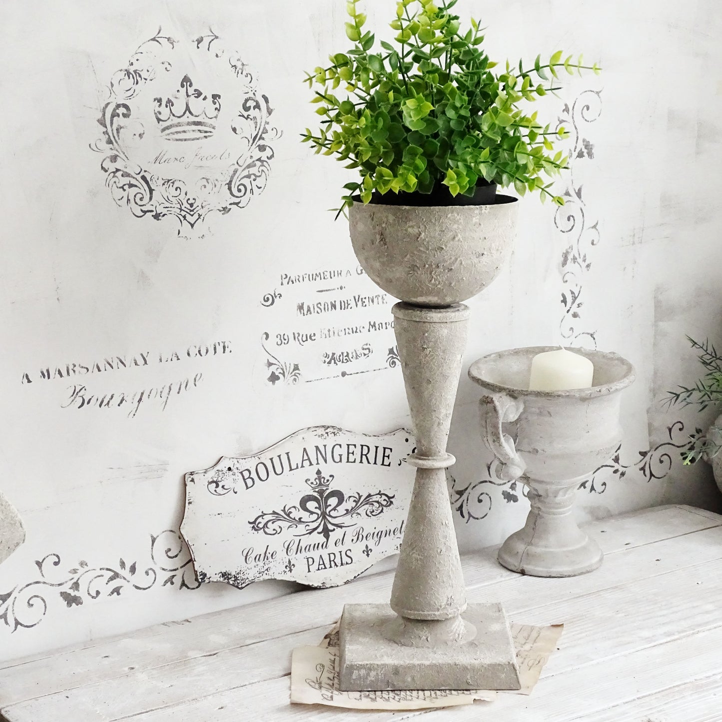 Metal Trophy Urn Vase Stone Effect, Gray Distressed, Shabby Chic Pedestal Plant Pot