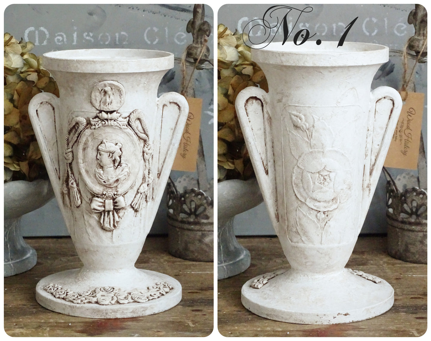 White Decorative Metal Urn Vase, Shabby Chic Decor