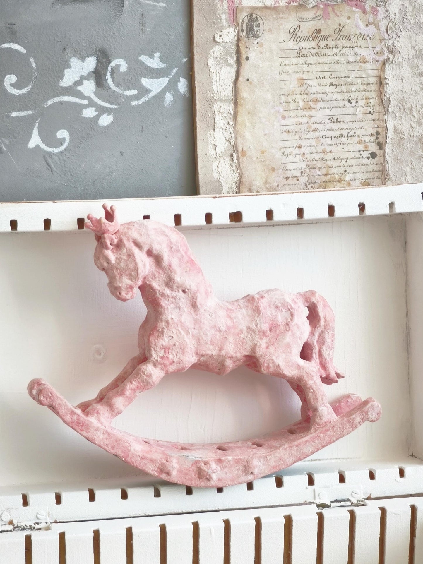 Pink Rocking Horse Figurine with Crown, Distressed Resin Sculpture, Shabby Chic Decor