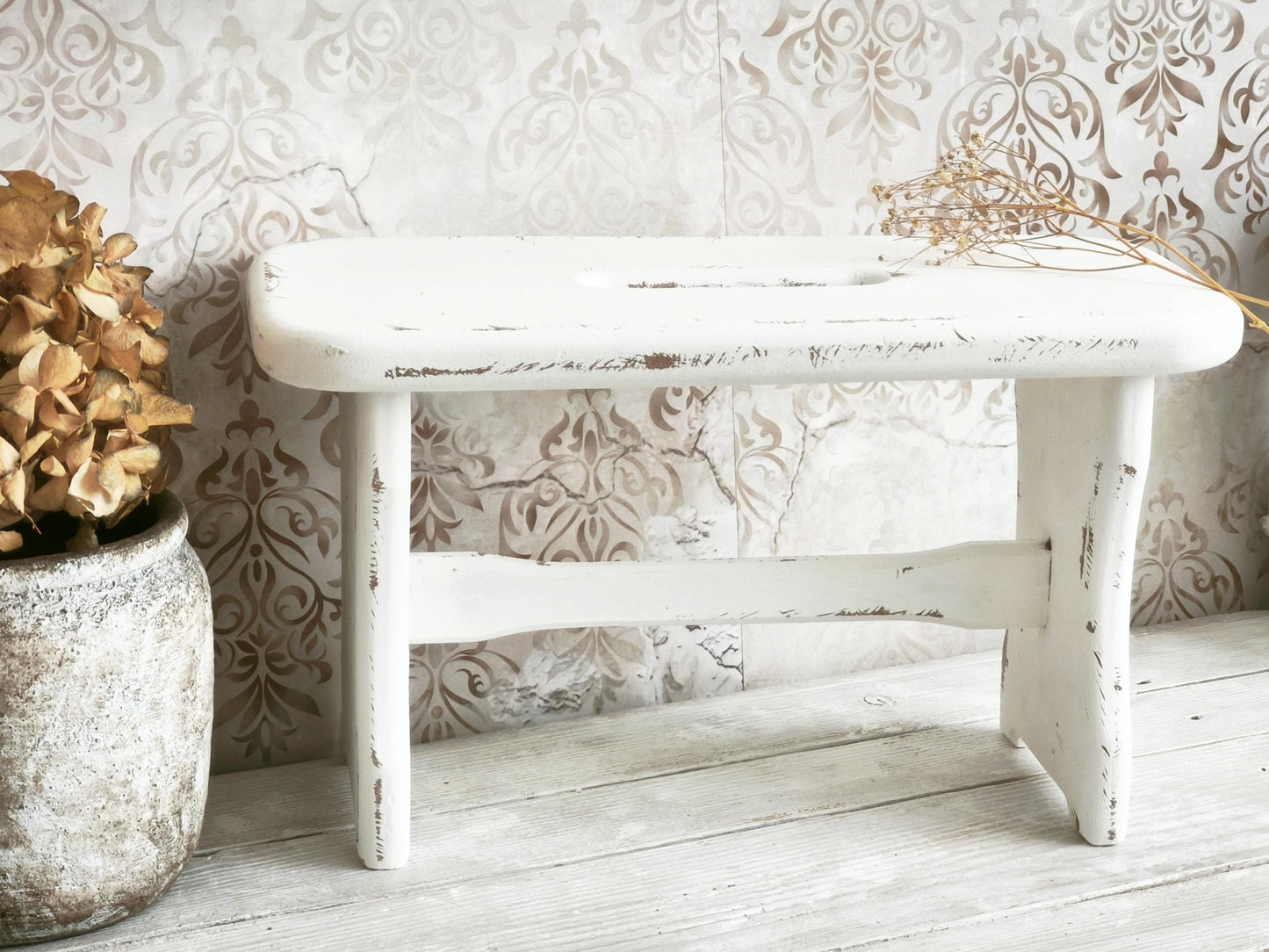 White Wood Step Stool Carved Heart, Rustic Farmhouse Plant Stand Bench