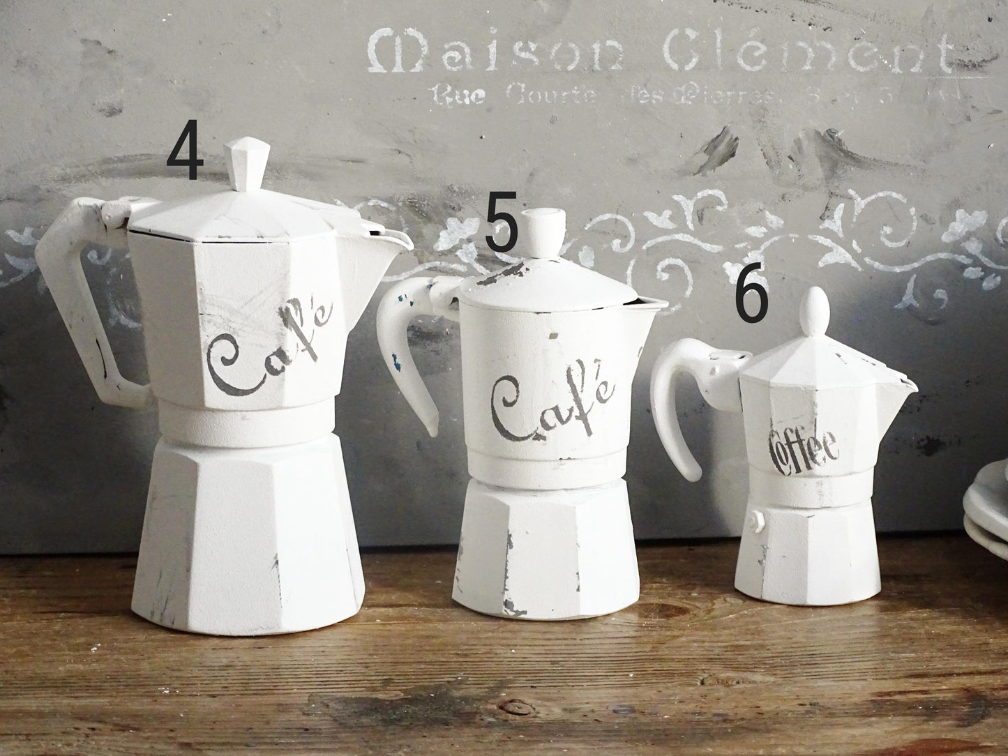 Distressed White Moka Pot, Italian Espresso Stove Coffee Maker, Retro Kitchen Decor