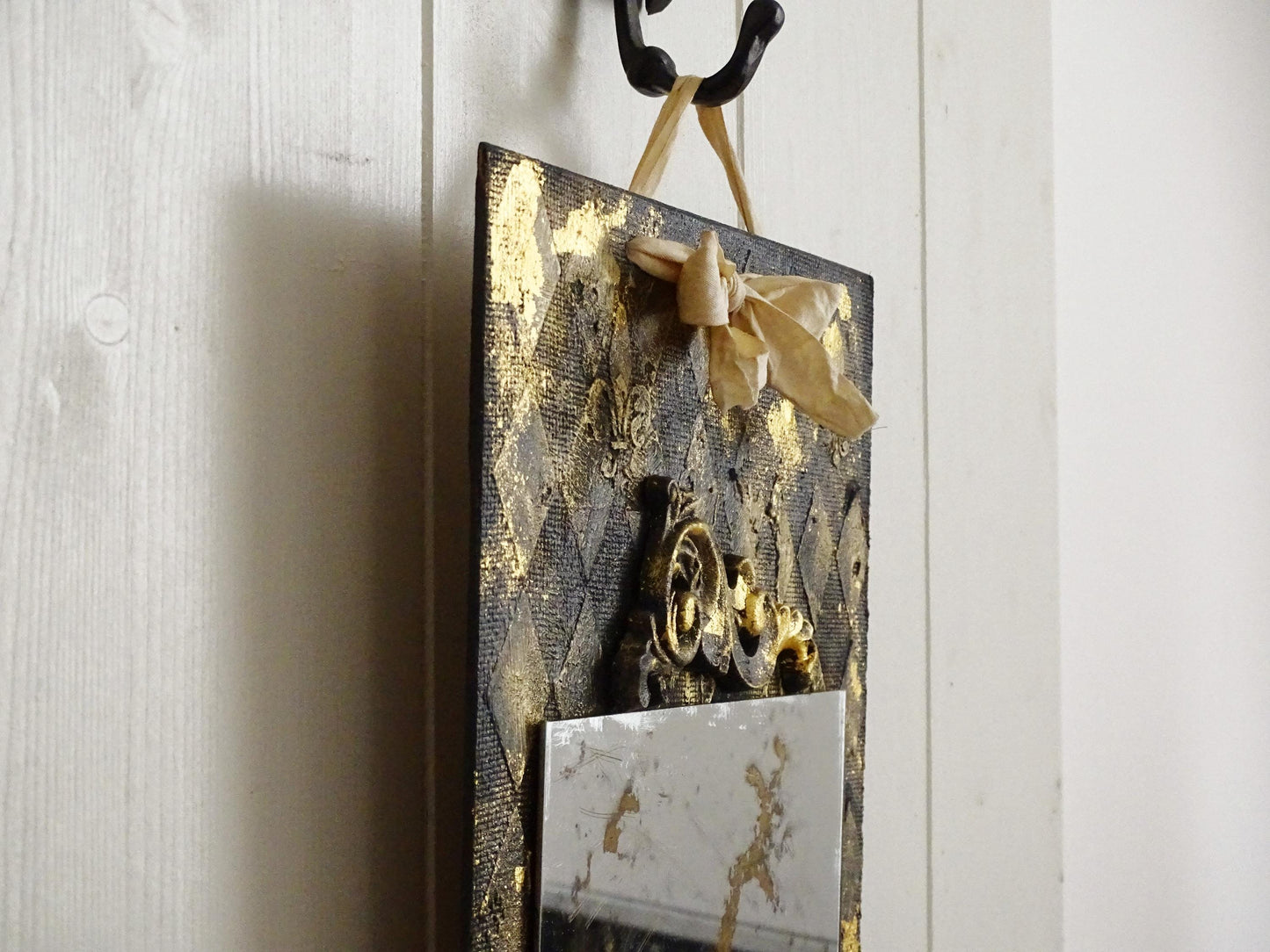 Handmade Stained Wall Mirror Black Gold, Old Looking Antiqued Distressed Wall Mirror, Hand Silvered Aged Wall Mirror