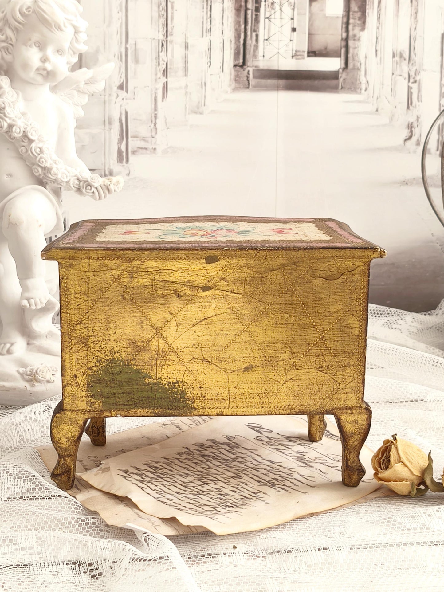 Giltwood Florentine Jewelry Chest of 2 Drawers and Handpainted Flowers, Italian Jewelry Storage Box, Shabby Chic Vanity Jewelry Cabinet