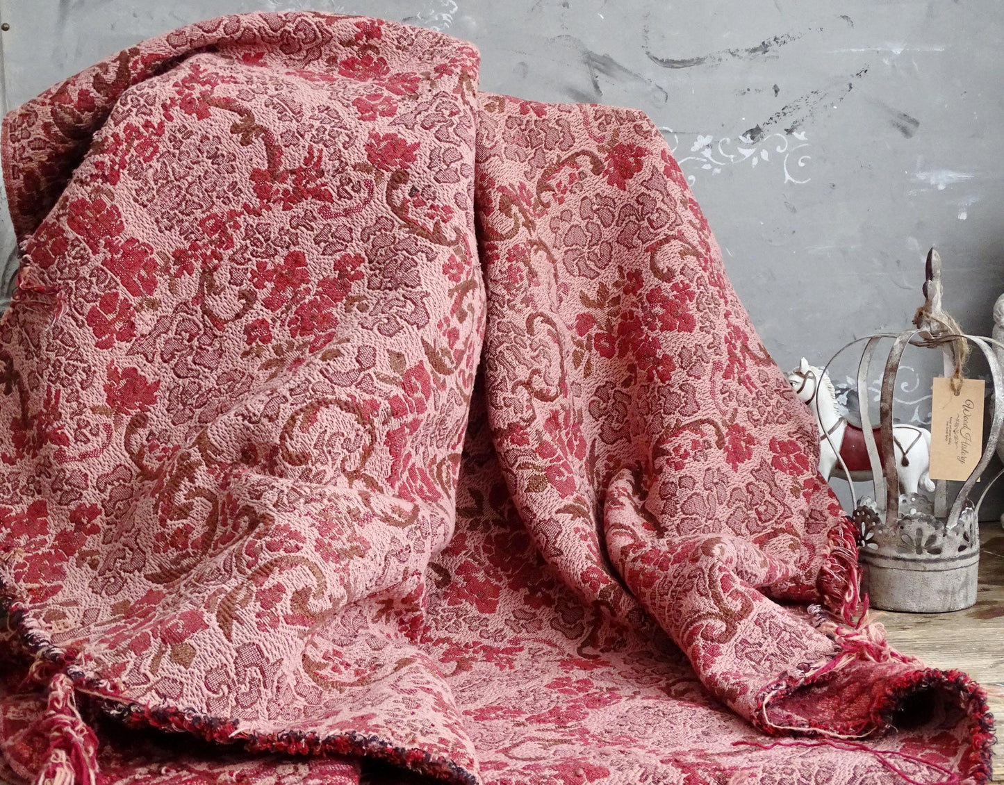 Maroon Pink Jacquard Floral Tapestry, Woven Cotton Summer Blanket, French Country Textile Wall Hanging