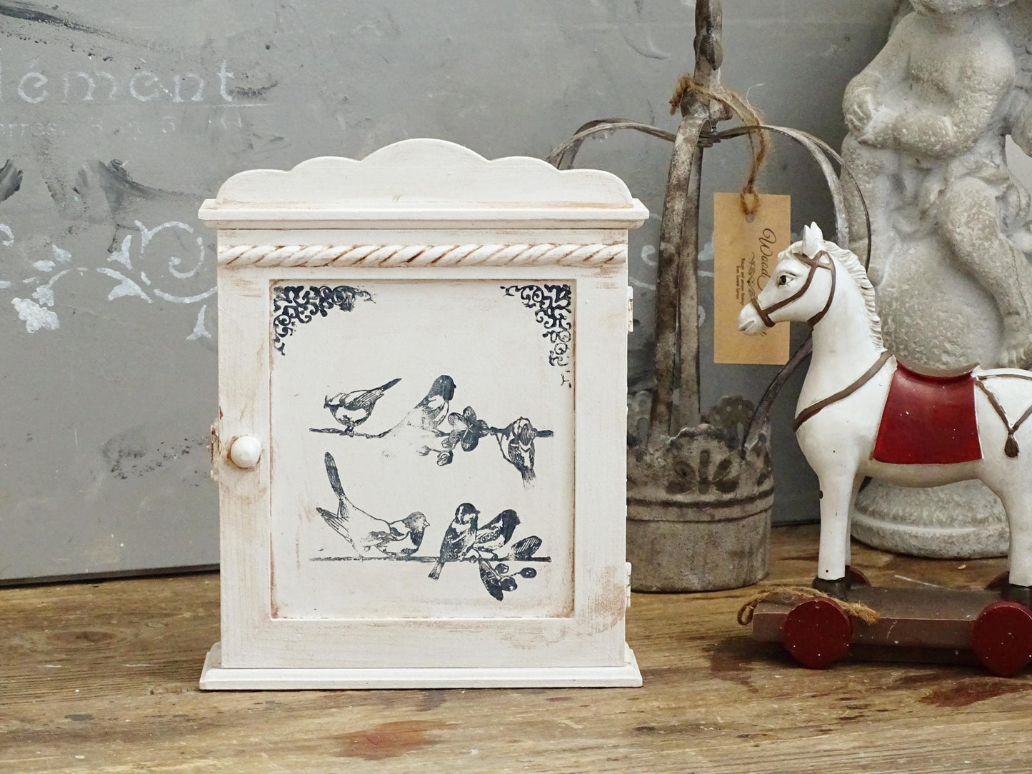 Shabby Chic White Wood Key Box: Wall Hanging Key Cabinet with Bird Motif
