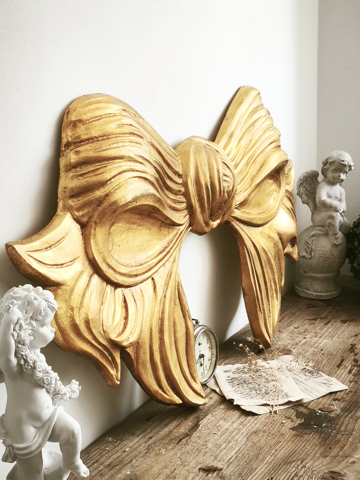 33.9" Hand Carved Gold Wood Bow Plaque, Extra Large Wall Pediment, Panel, Florentine Wall Decor