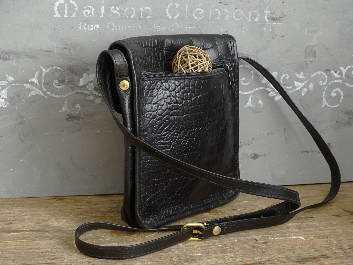 Black Leather Crossbody Purse: Embossed Italian Satchel Bag