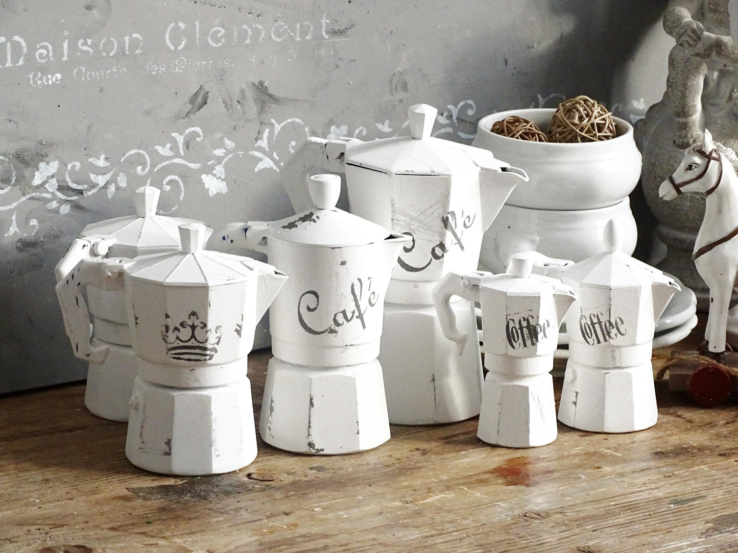 Distressed White Moka Pot, Italian Espresso Stove Coffee Maker, Retro Kitchen Decor