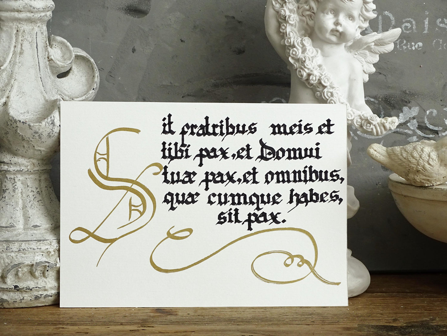 Original Artwork Hand Lettered Latin House Blessing: Gothic Calligraphy Ink Art