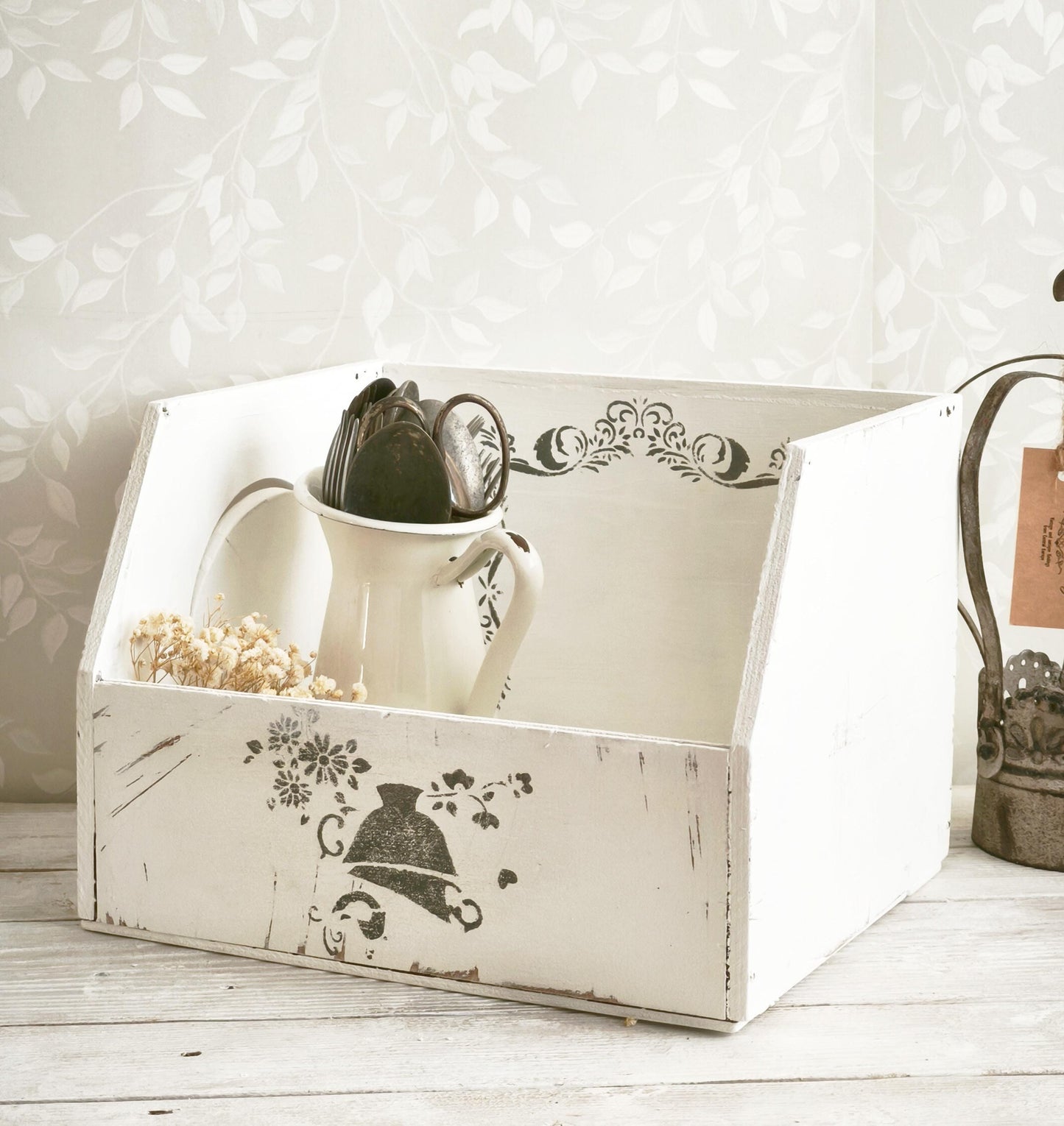 White Wood Storage Box w/ Side Opening, Crate, Tray, Shabby Chic, Large Kitchen Counter Display Box, Modern Farmhouse Decor
