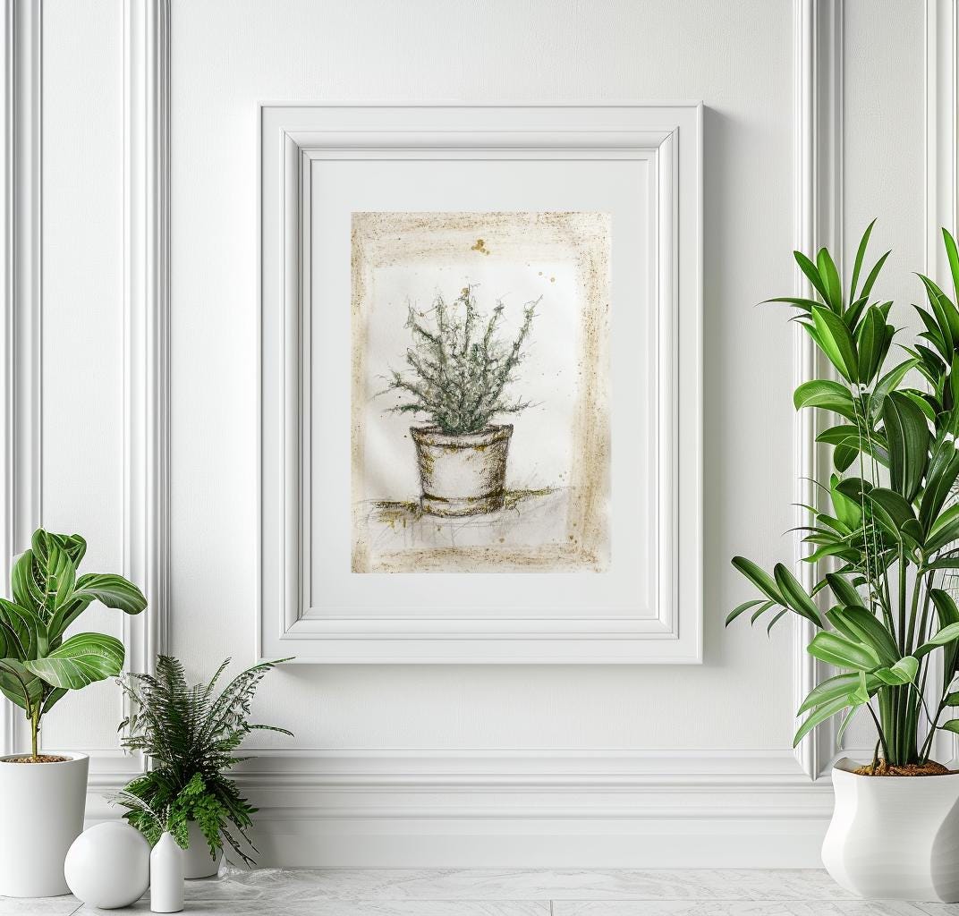 Original Sketch Plant Pot Drawing, Naive Still Life Greenery Artwork, Rustic Cabin Decor