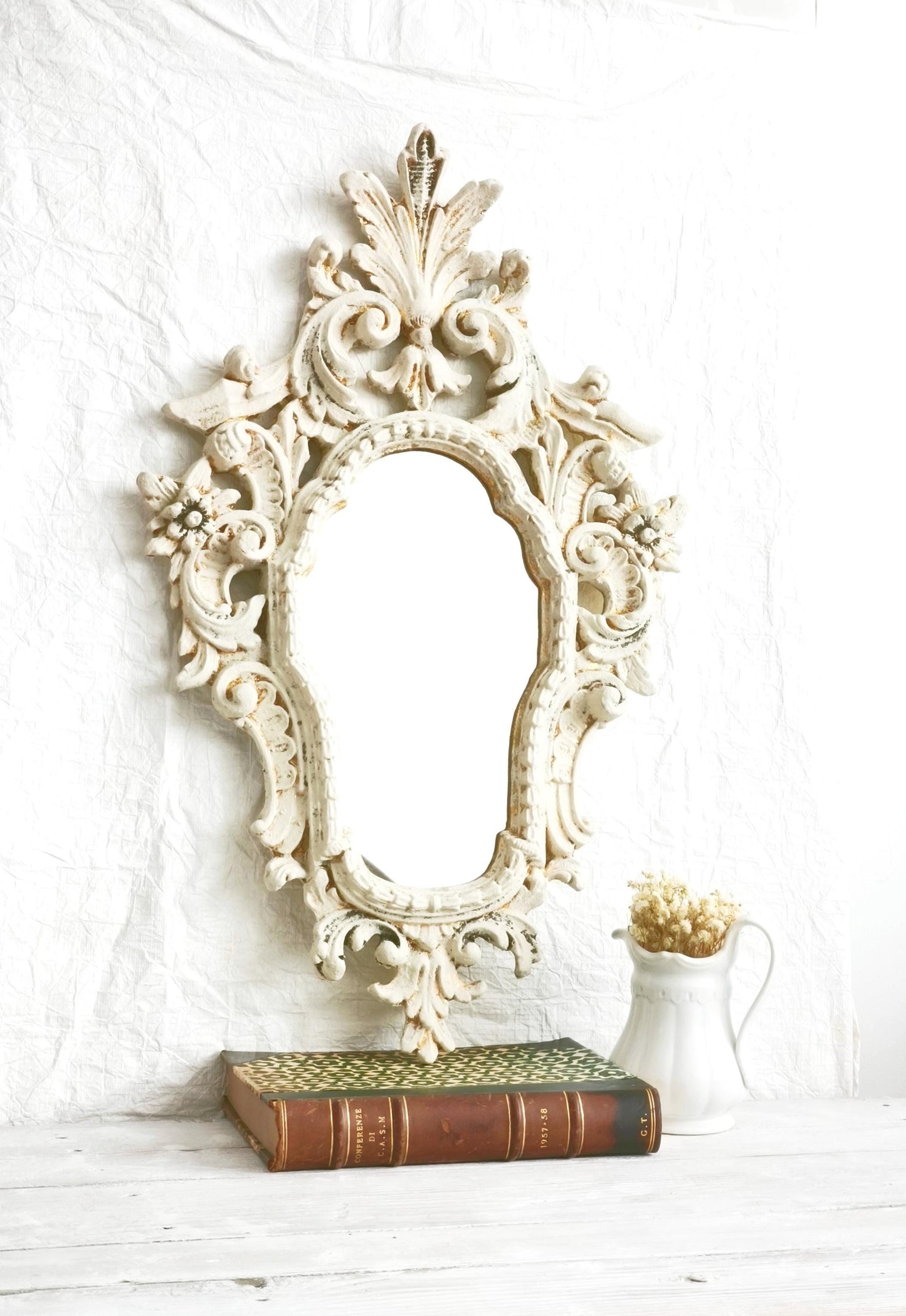 Large Carved Wood Wall Mirror, Framed Ornate Rocaille Distressed White Oval Vanity Boudoir Mirror, Statement Wall Decor