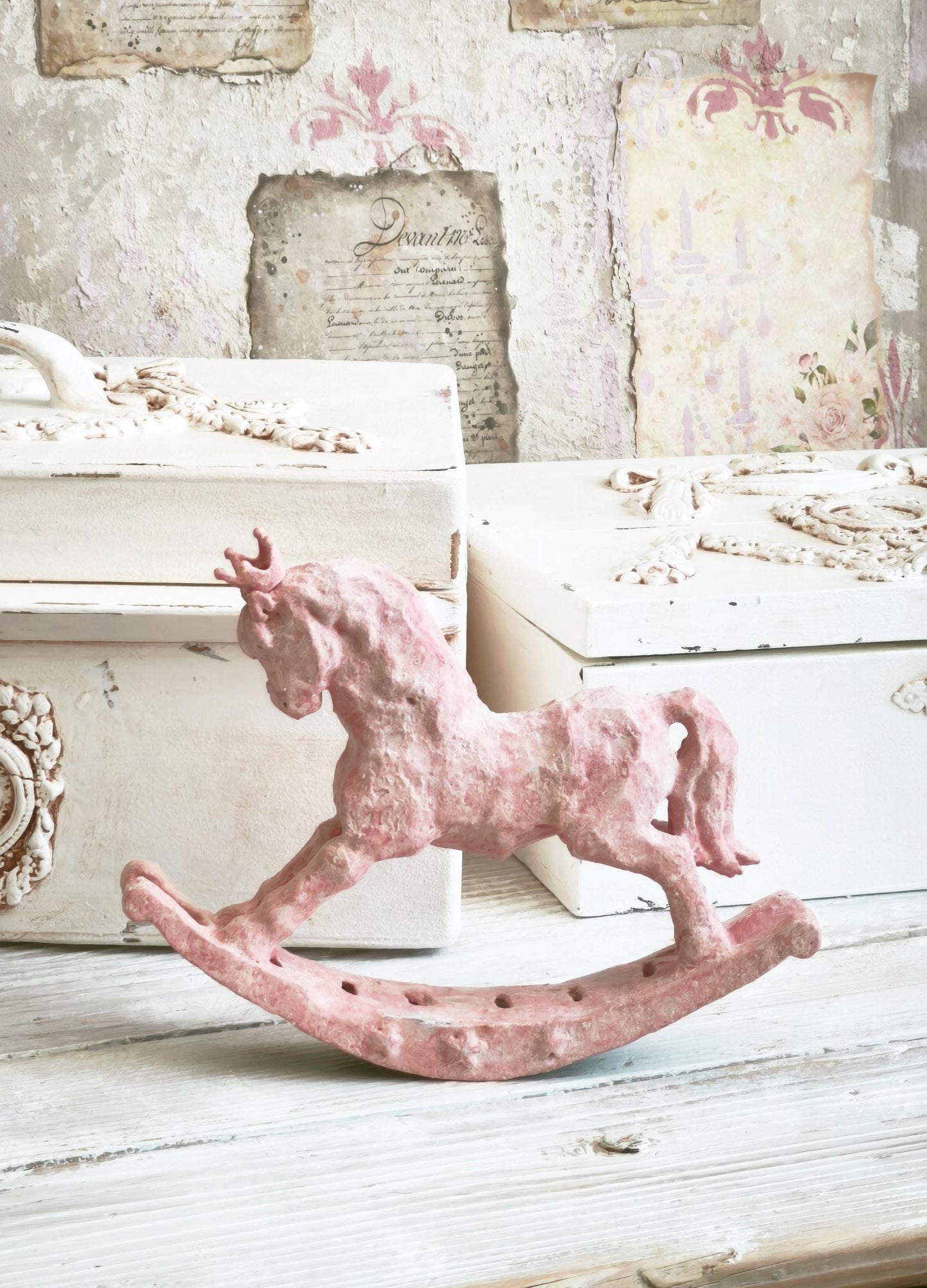 Pink Rocking Horse Figurine with Crown, Distressed Resin Sculpture, Shabby Chic Decor