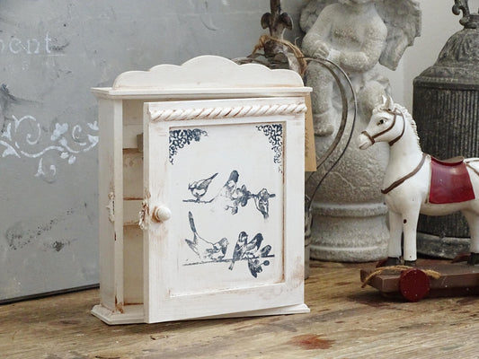 Shabby Chic White Wood Key Box: Wall Hanging Key Cabinet with Bird Motif