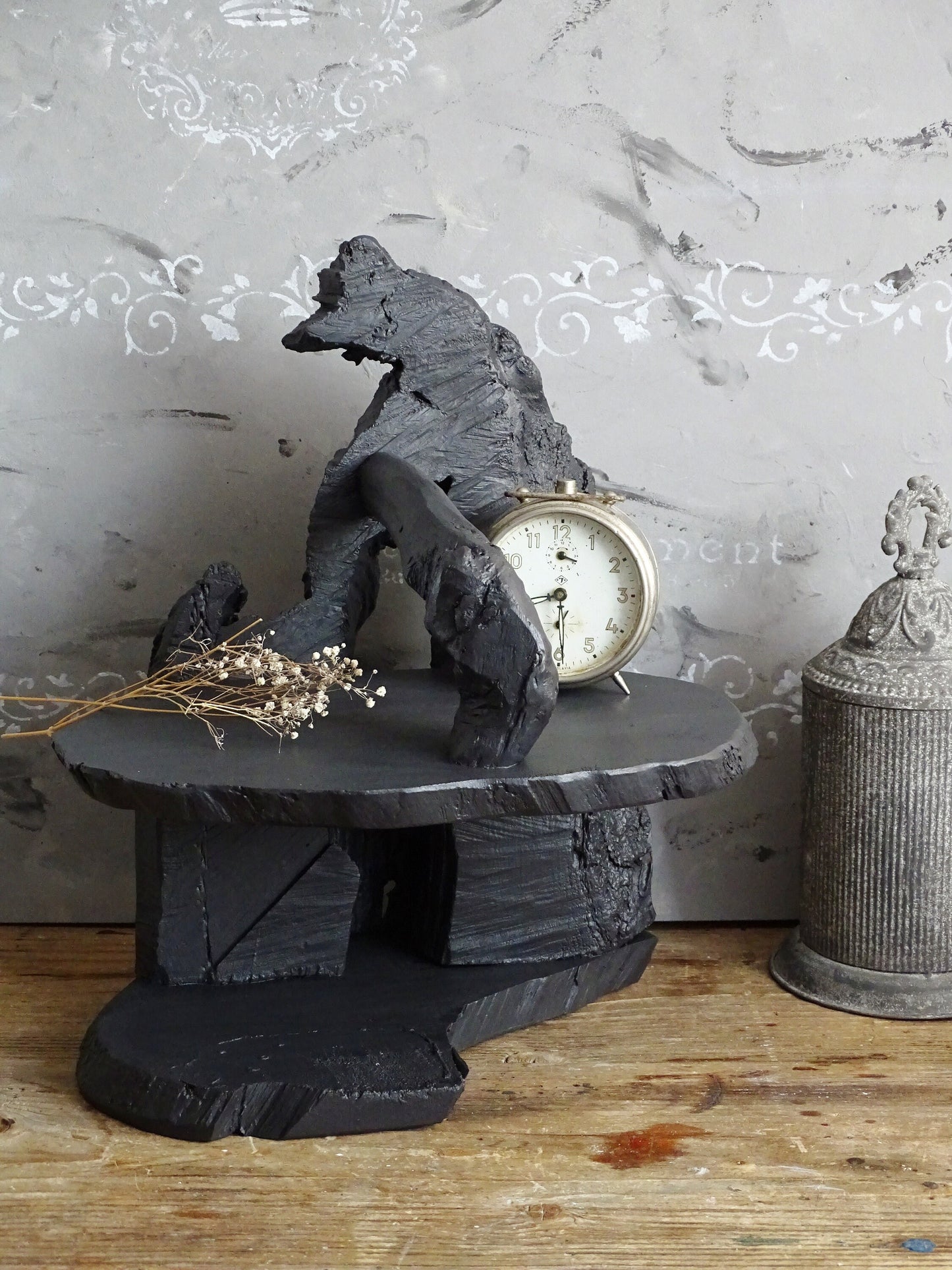 Black Raw Wood Display Case, Stand, Wabi Sabi Tabletop Standing Curio Shelf, Natural Wooden Sculpture Decor
