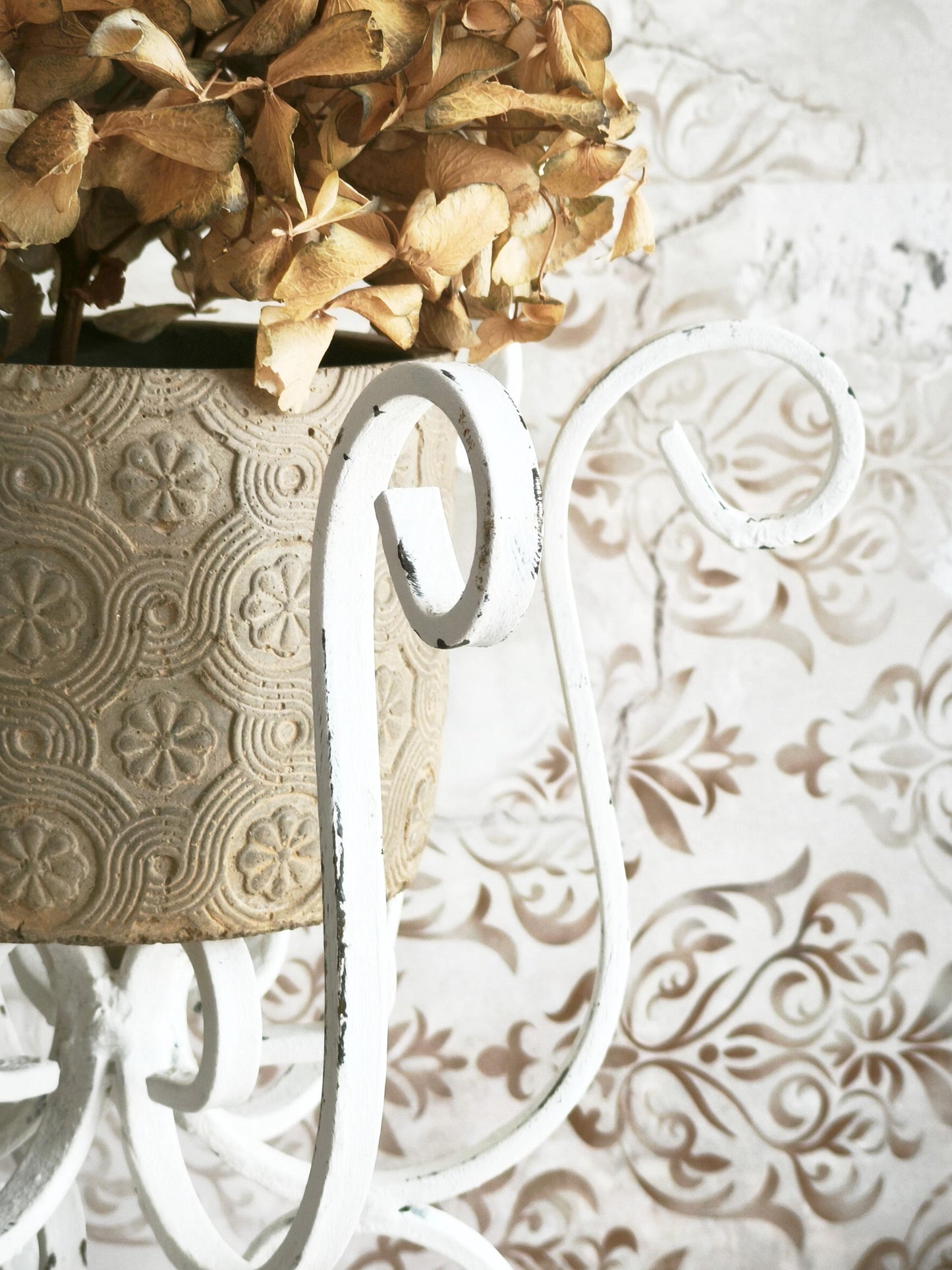 White Wrought Iron Plant Stand: Shabby Chic Metal Basket, Planter