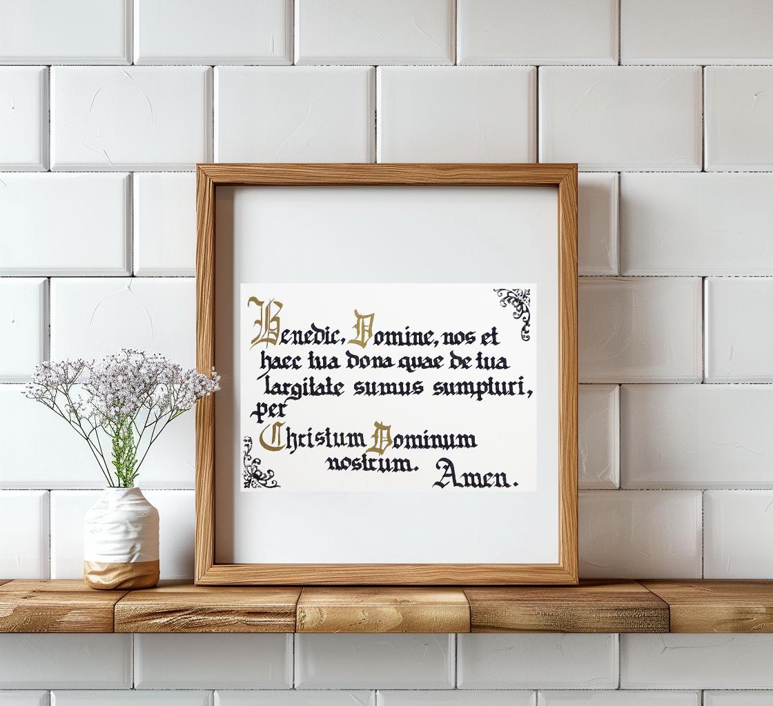 Latin Prayer Before Meal, Handwritten Catholic Blessing, Gothic Calligraphy Manuscript