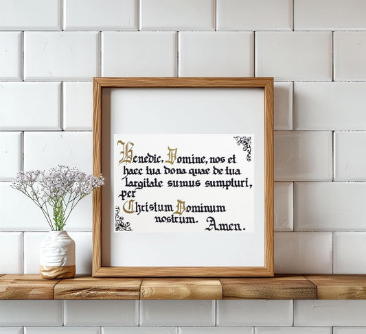 Latin Prayer Before Meal, Handwritten Catholic Blessing, Gothic Calligraphy Manuscript