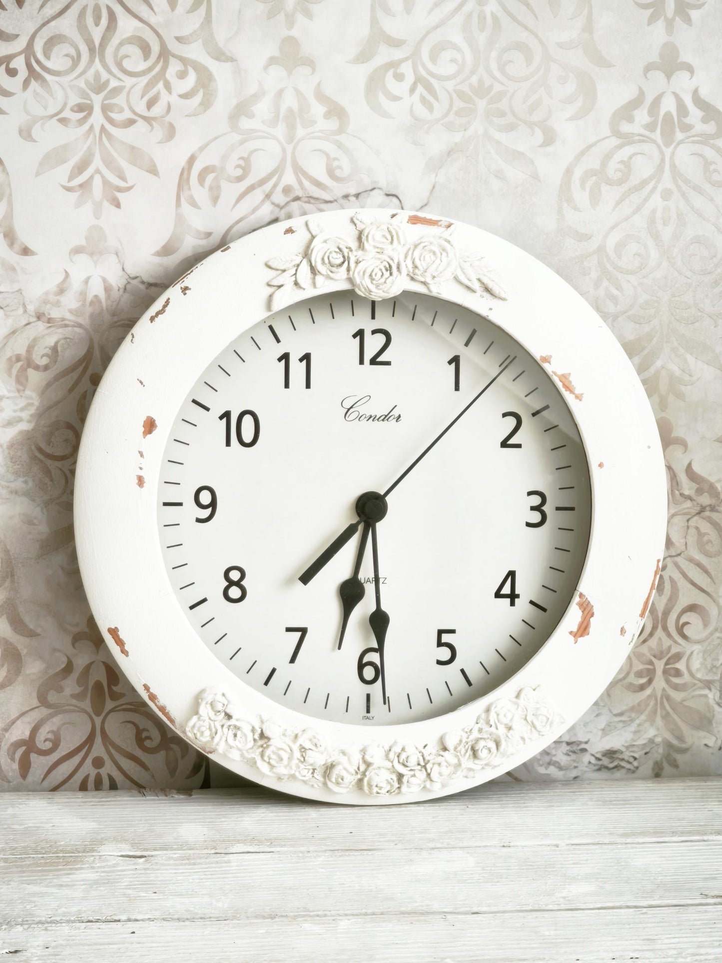 White Wood Wall Clock with Clay Flowers, Shabby Chic Ornate Floral Home Decor
