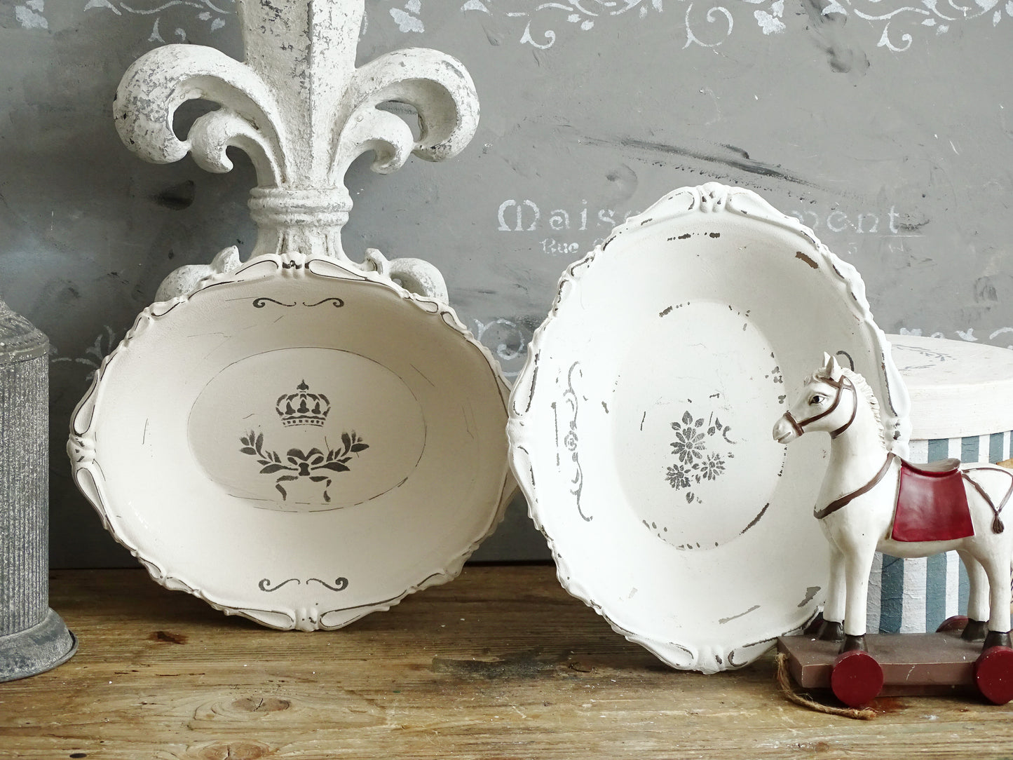 White Ornate Metal Bowl, Round Trinket Tray, Shabby Chic Decor