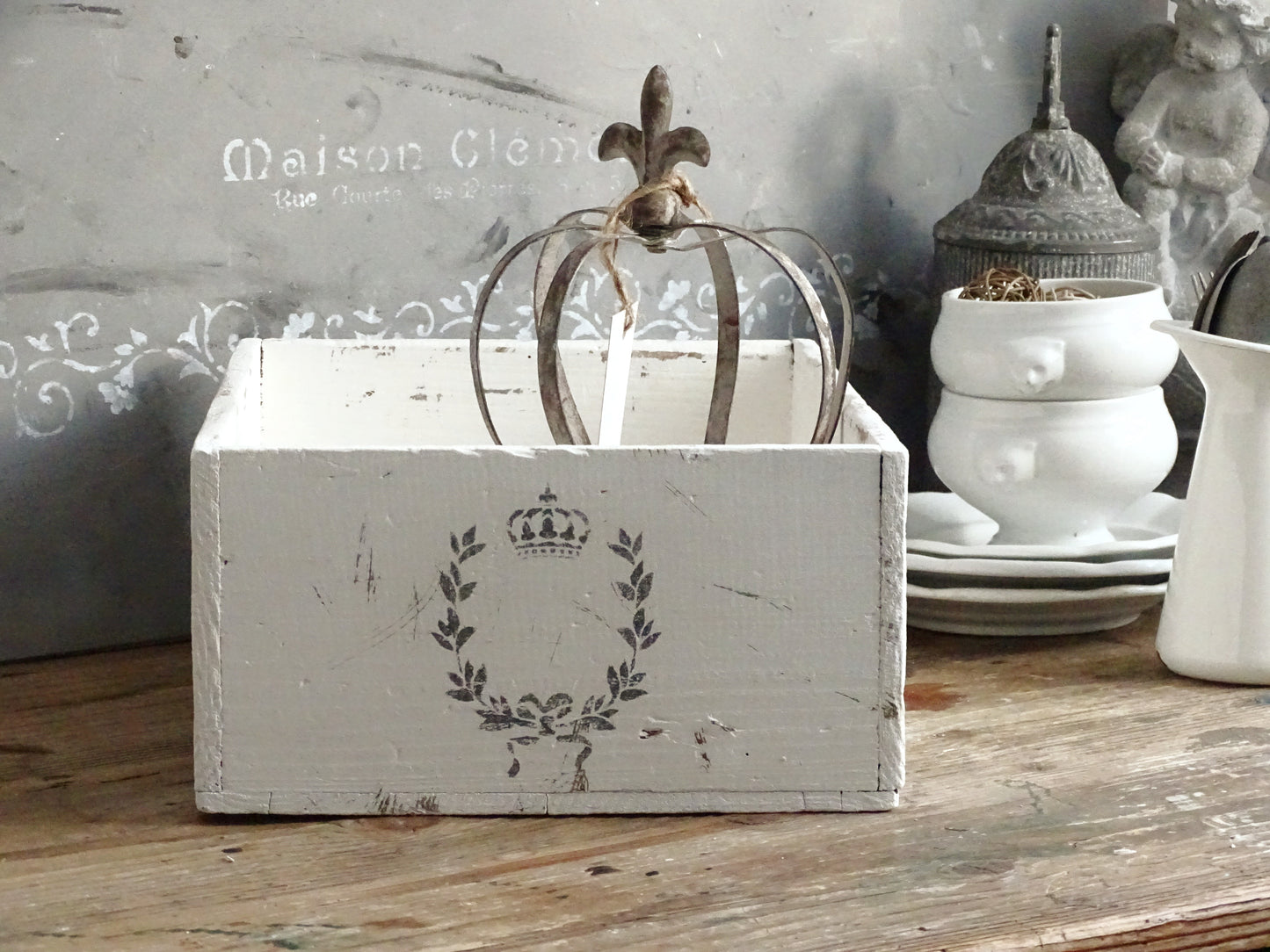 Distressed White Wood Storage Box, Crate: French Country Shabby Chic