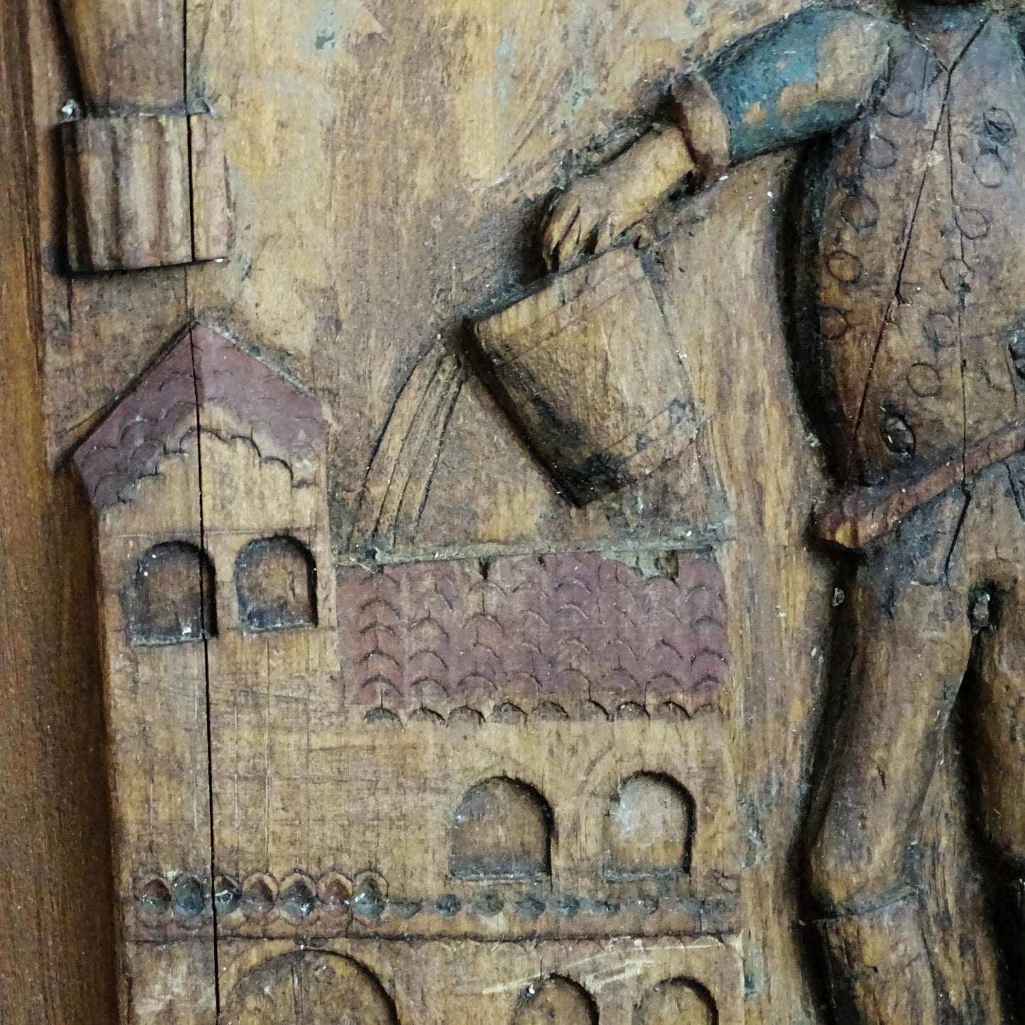 Saint Florian Hand Carved Wooden Panel, Rustic Primitive Carving Folk Art Plaque