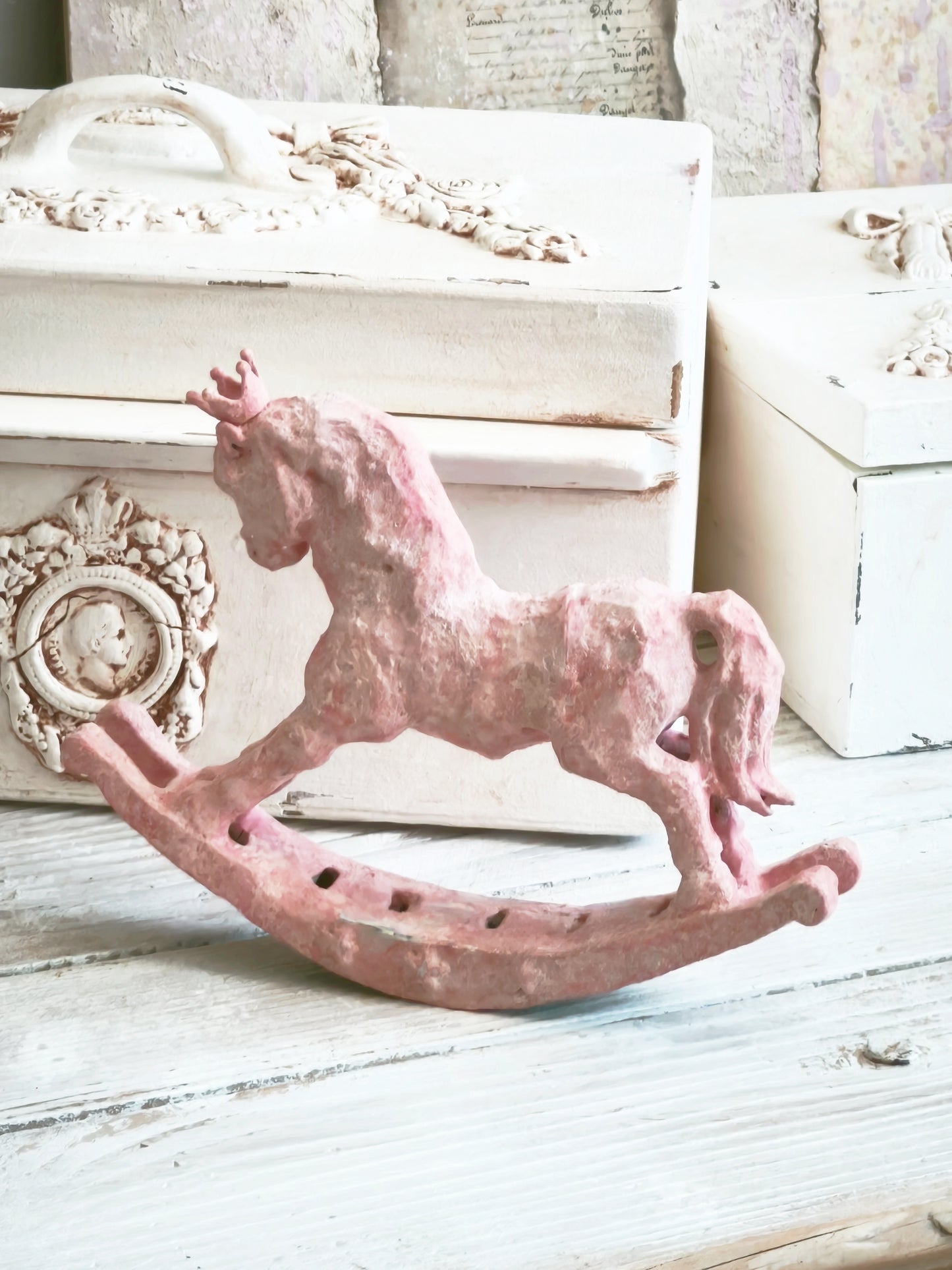 Pink Crowned Rocking Horse Figurine, Distressed Resin Sculpture, Shabby Chic Decor