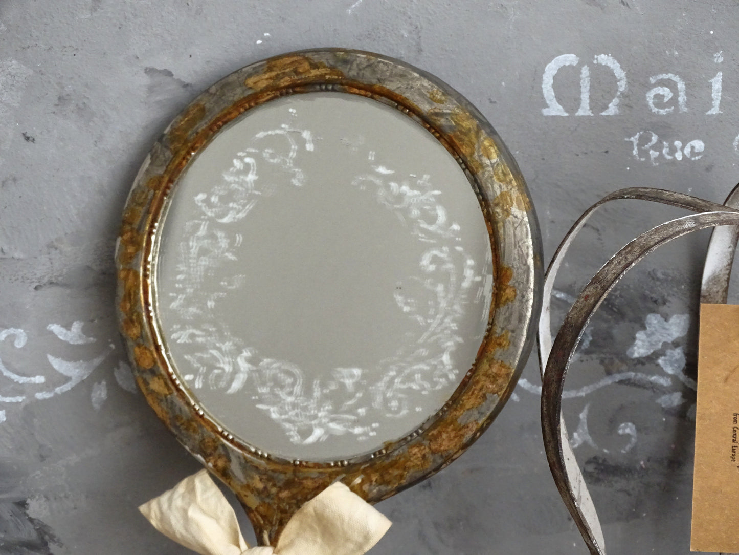 Aged Metal Hand Mirror with Bow, Makeup Mirror