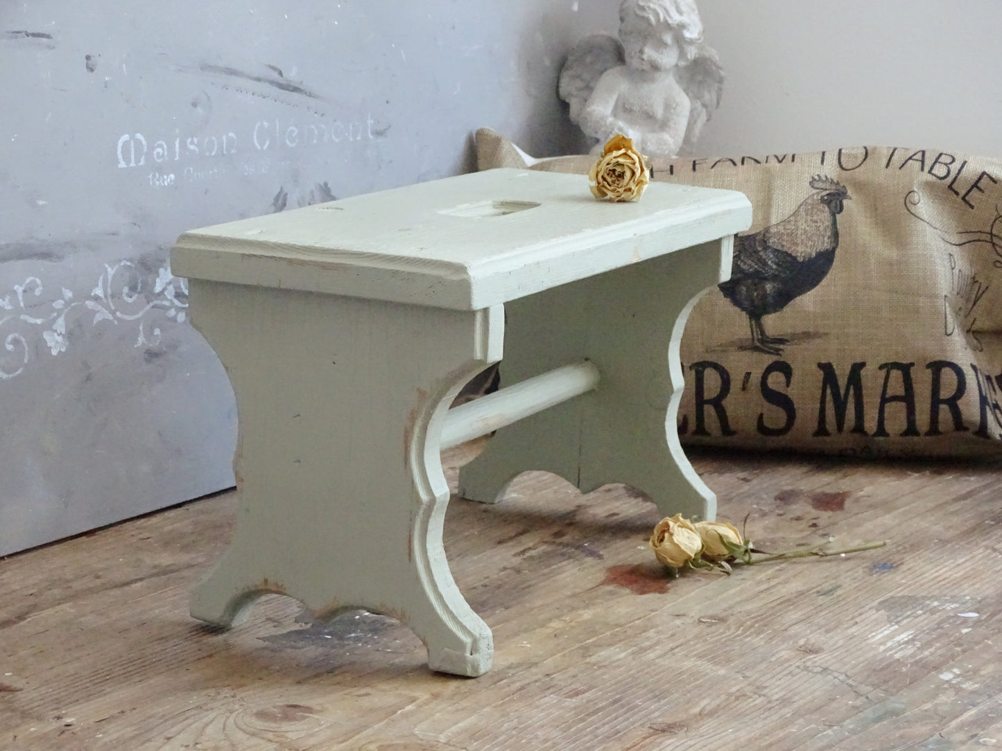 Distressed Green Wood Step Stool, Primitive Farmhouse Milking Stool, Plant Stand Bench