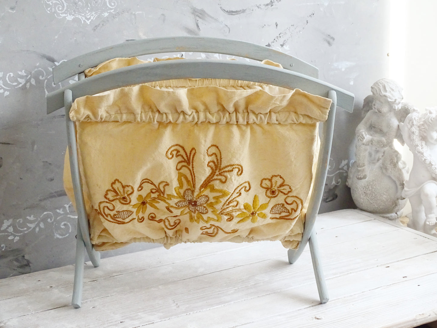Vintage Blue Wood Magazine Rack With Ochre Beige Embroidery Floral Fabric