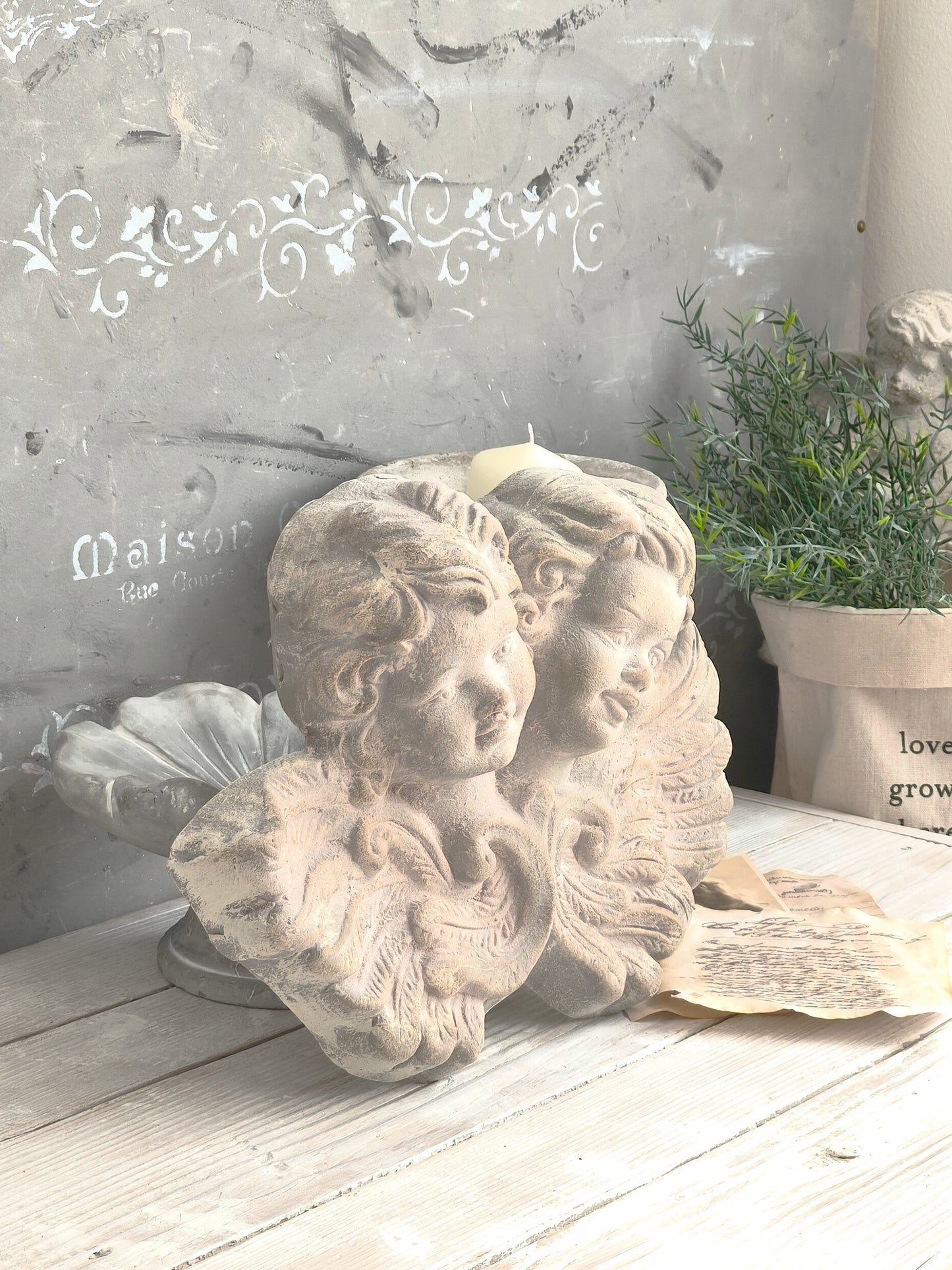 Large Plaster Cherubs Head Wall Sculpture, Bas Relief Chalkware Putti Angels, Shabby Chic Decor