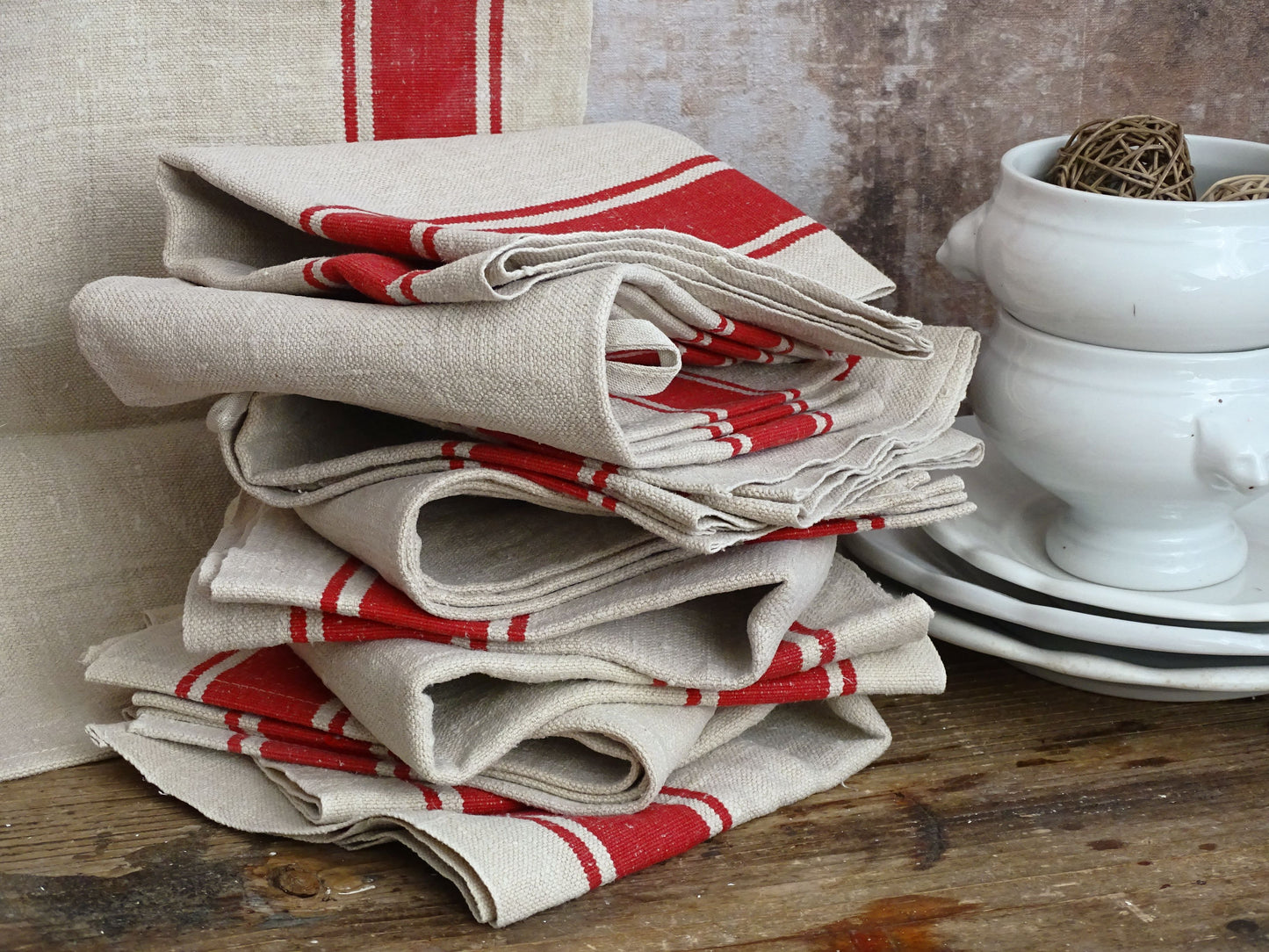 Set Of 2 Antique French Linen Tea Towels: Red Stripes, Unused 1900s Torchon
