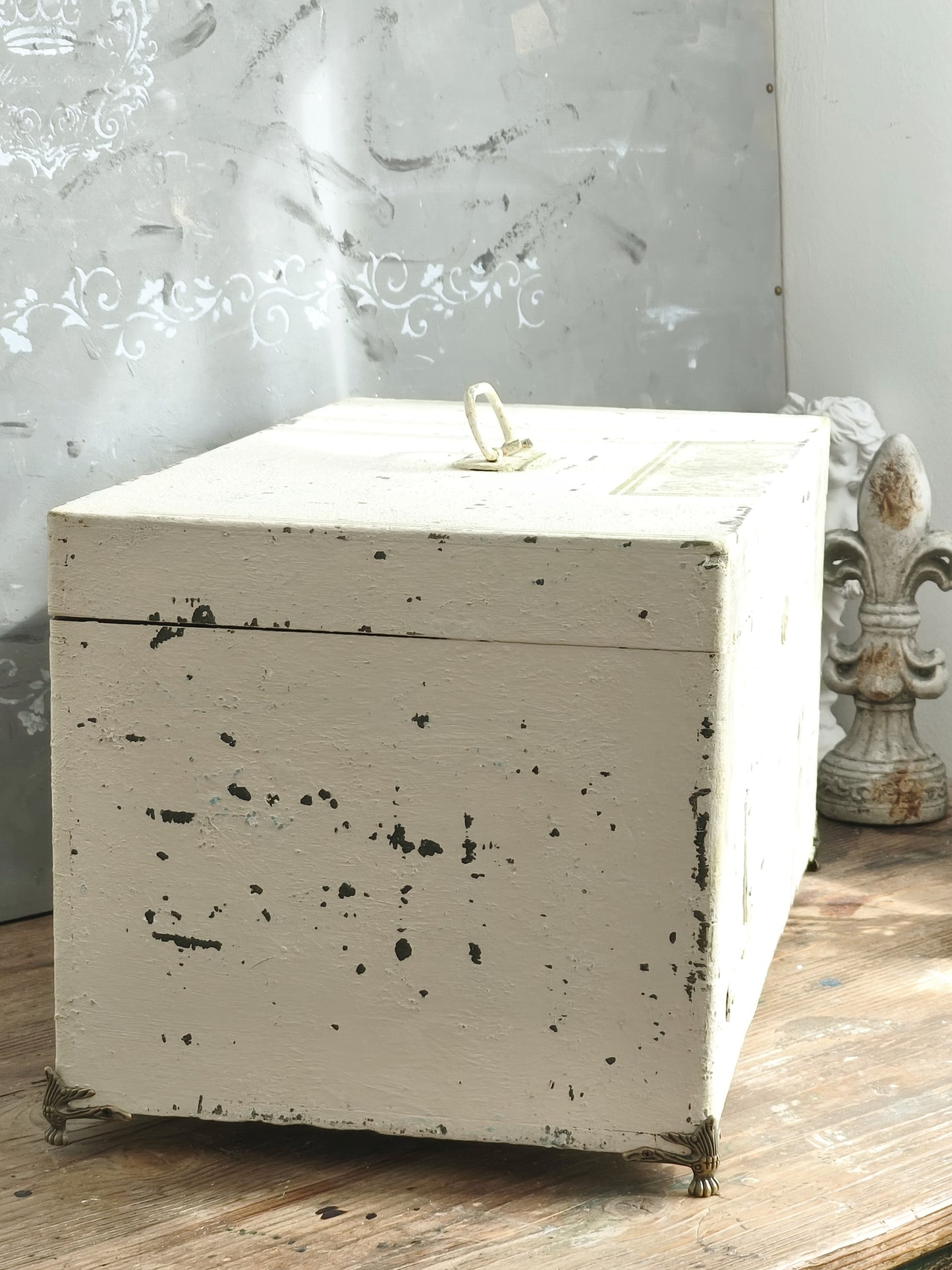 Antique Creamy Wooden Trunk Chest, Distressed Furniture