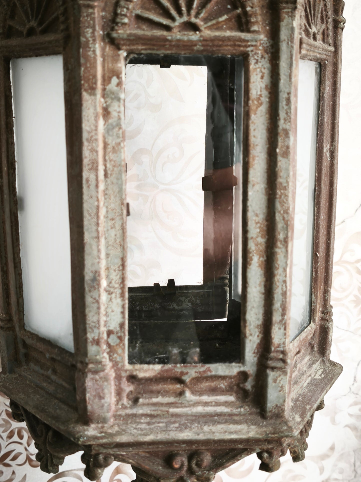 Antique Metal Church Candle Lantern Frosted Glass Windows, 1850s