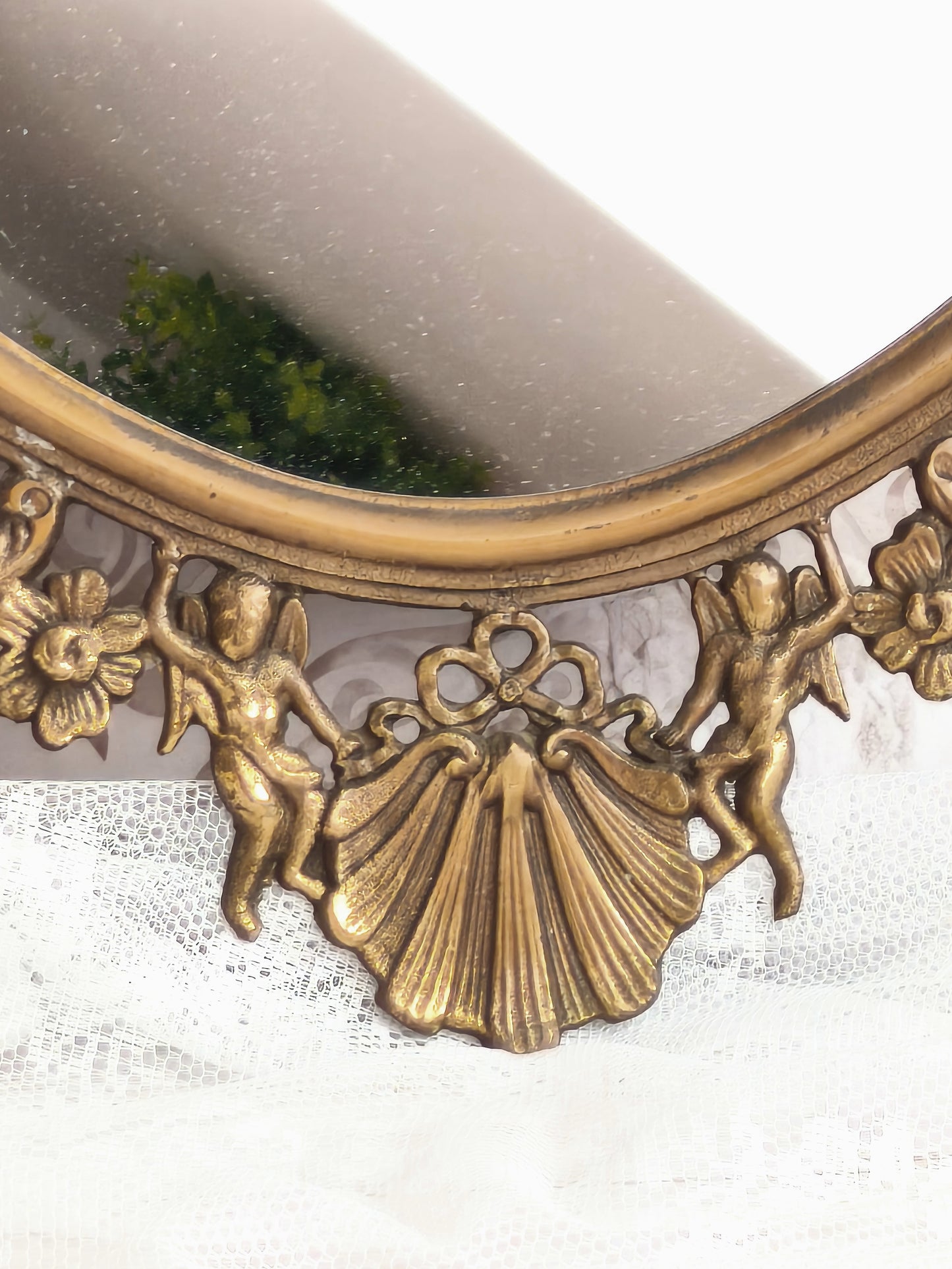 Large Antique Brass Wall Mirror With Cherubs, Oval Ornate Rocaille Design