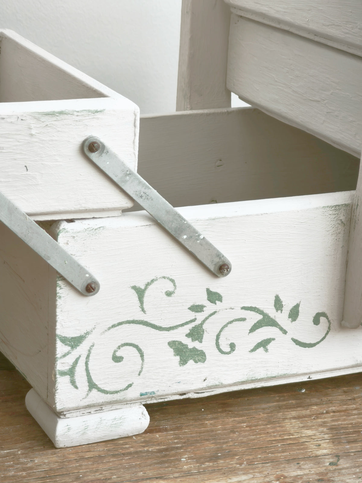 Antique Large Accordion Sewing Box: Shabby Chic Off White Wood Expandable Storage