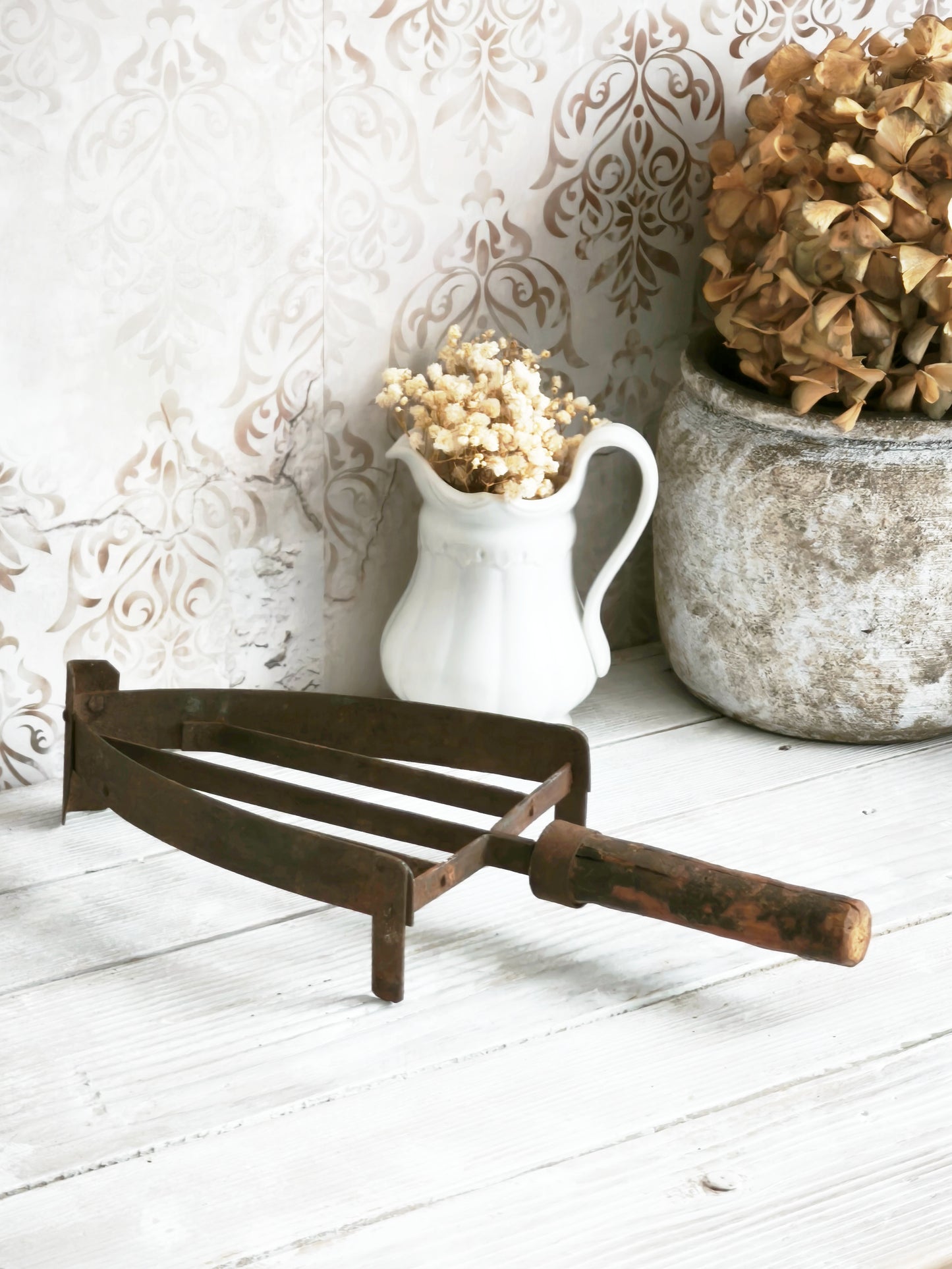 Antique Hand Forged Iron Trivet Wooden Handle