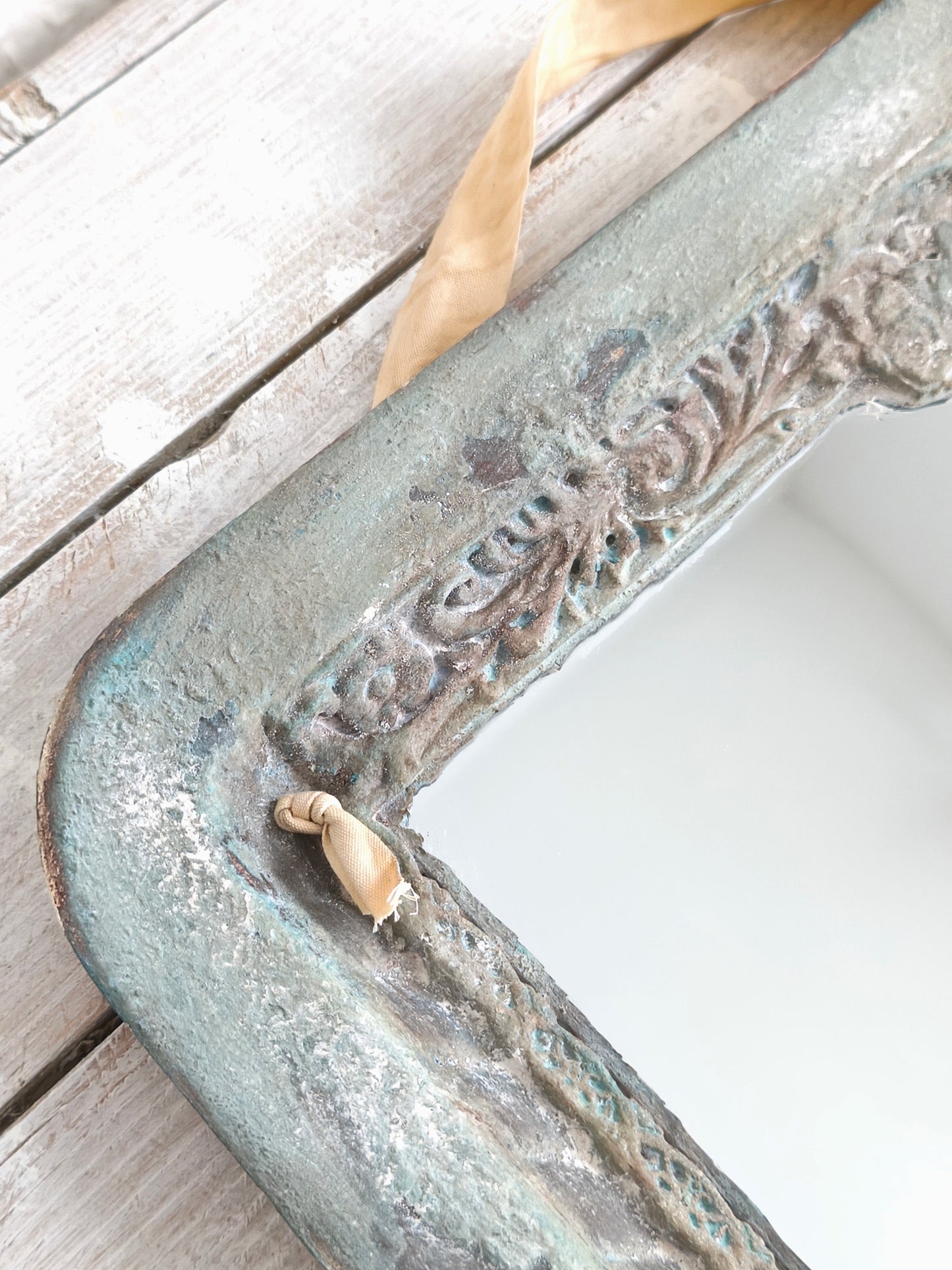 Romantic Blue Metal Wall Mirror With Floral Details And Hanging Ribbon, Distressed Shabby Chic Home Decor