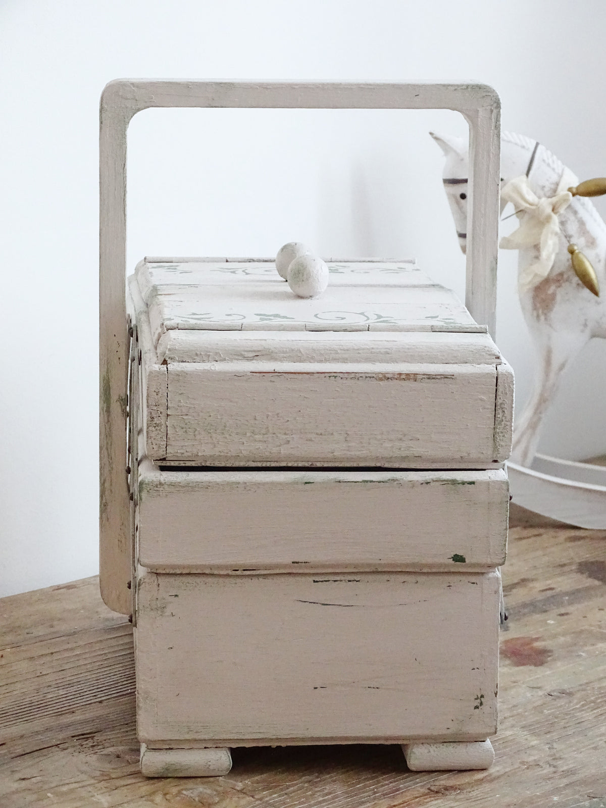 Antique Large Accordion Sewing Box: Shabby Chic Off White Wood Expandable Storage