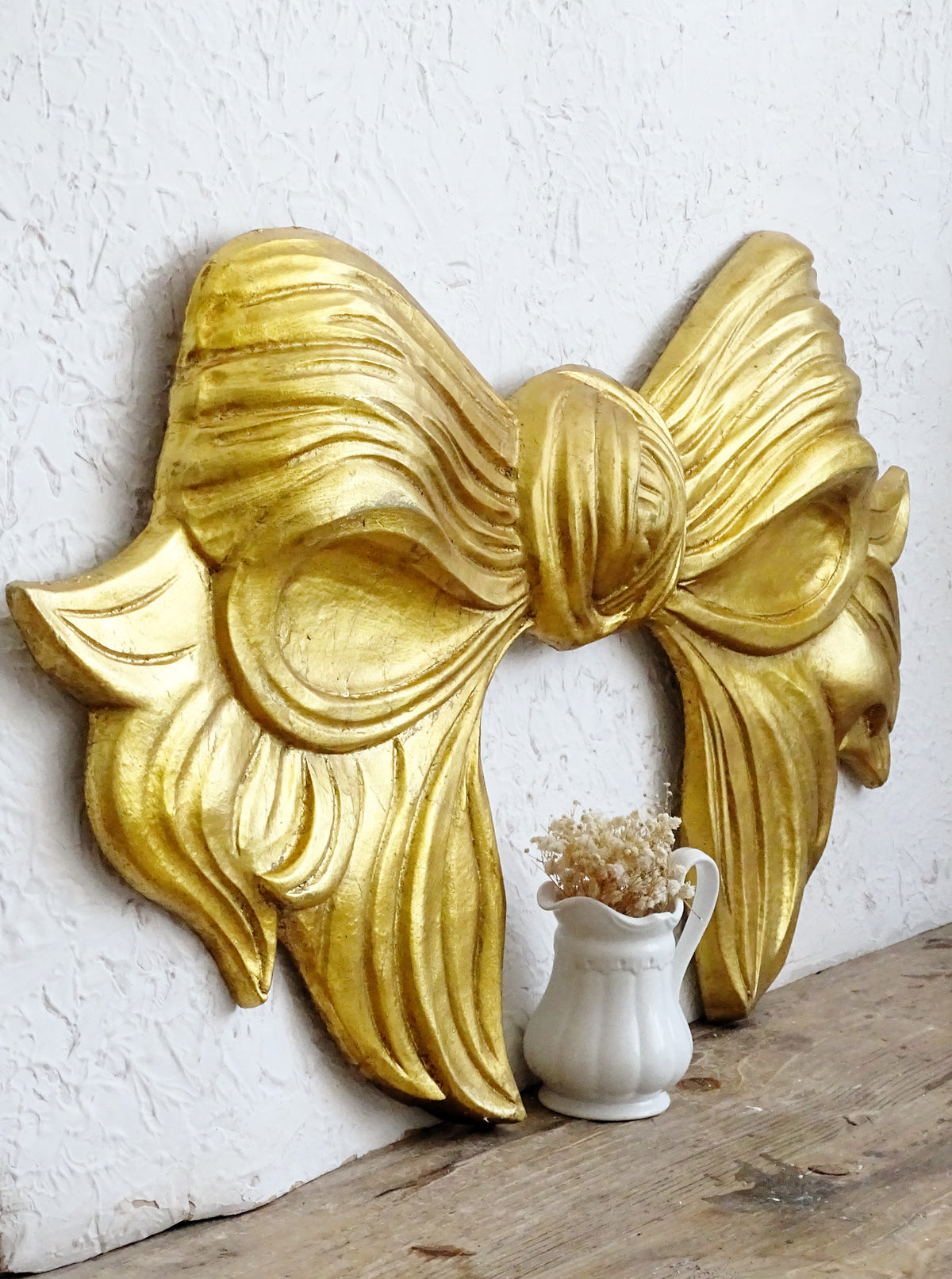 33.9" Hand Carved Gold Wooden Bow, Florentine Plaque, Extra Large Wall Decor Pediment, Panel